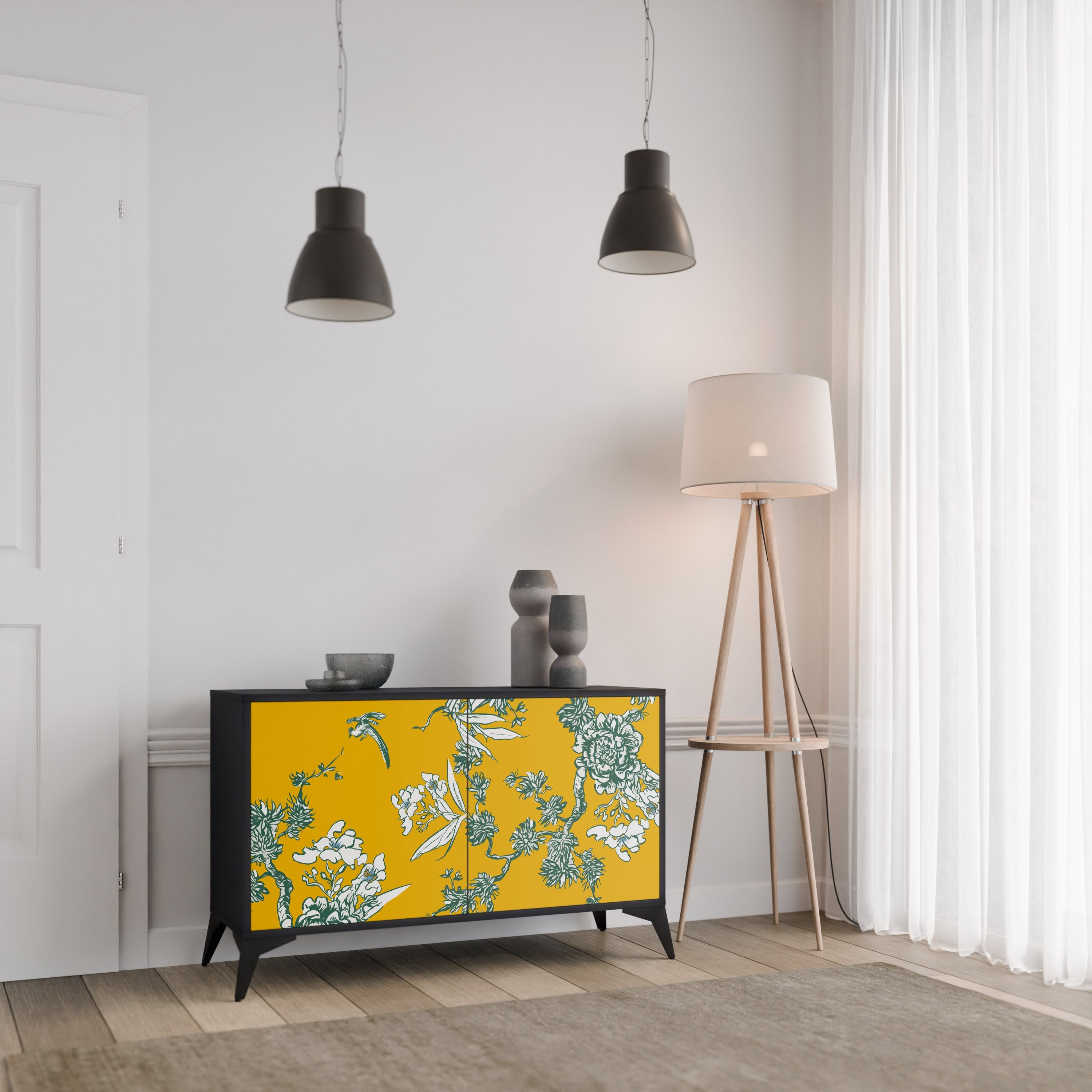 YELLOW CHINOISERIE 2-Door Sideboard in Black Finish