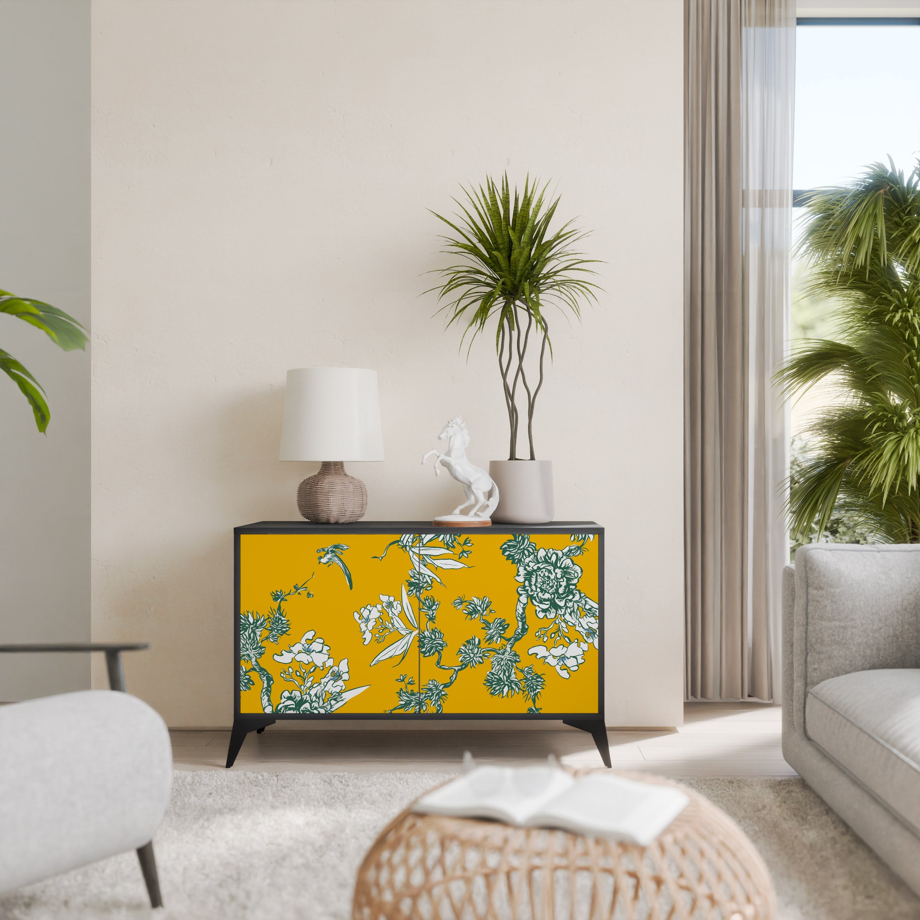 YELLOW CHINOISERIE 2-Door Sideboard in Black Finish