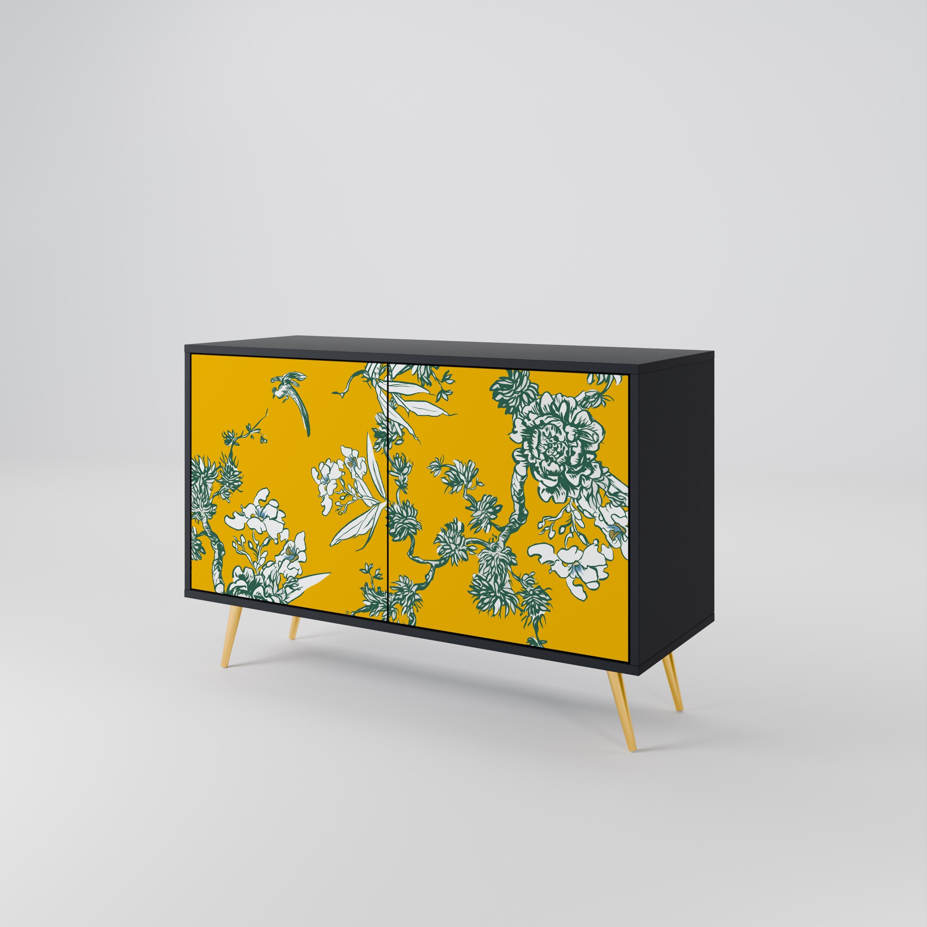 YELLOW CHINOISERIE 2-Door Sideboard in Black Finish