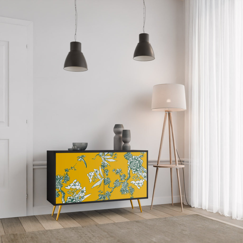 YELLOW CHINOISERIE 2-Door Sideboard in Black Finish