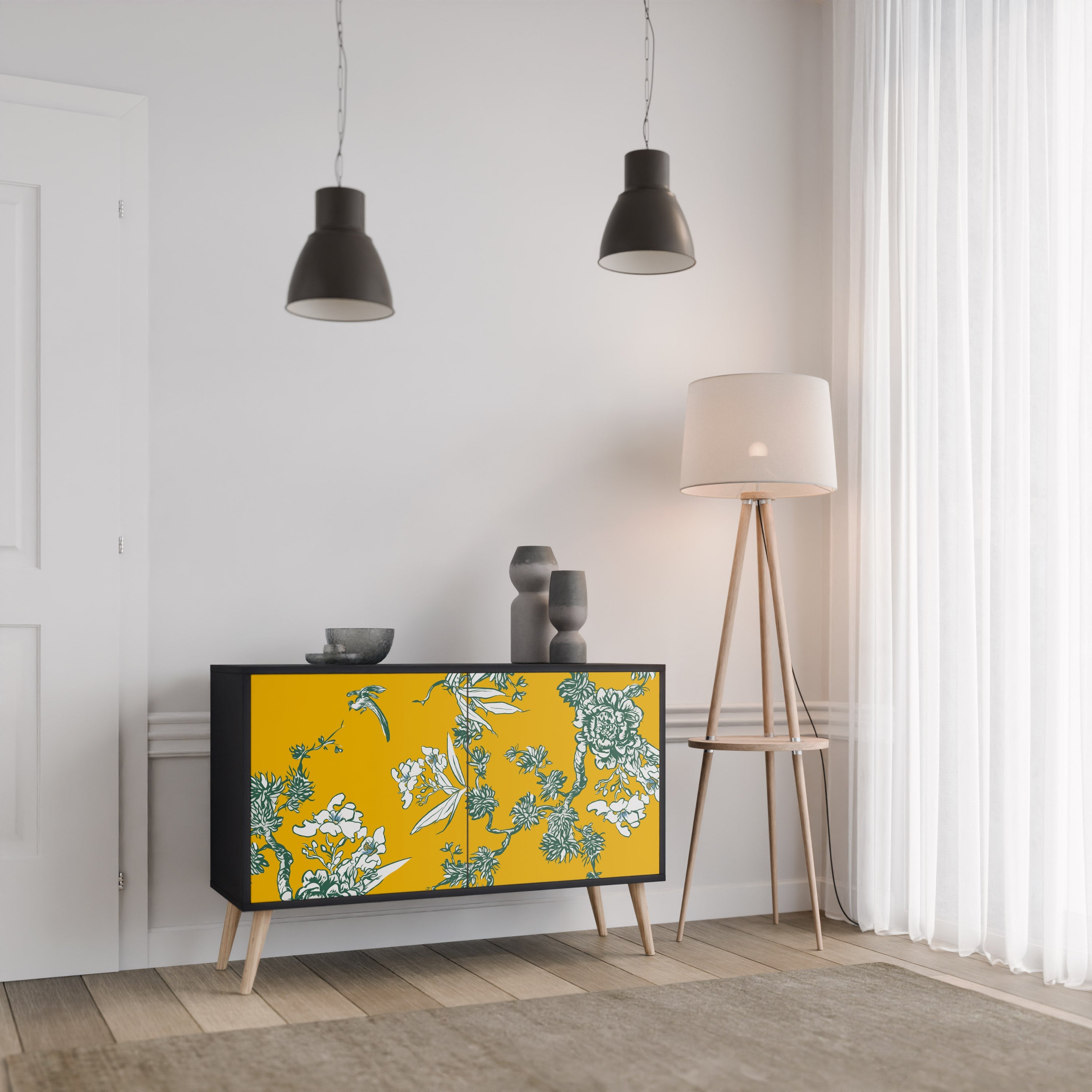 YELLOW CHINOISERIE 2-Door Sideboard in Black Finish