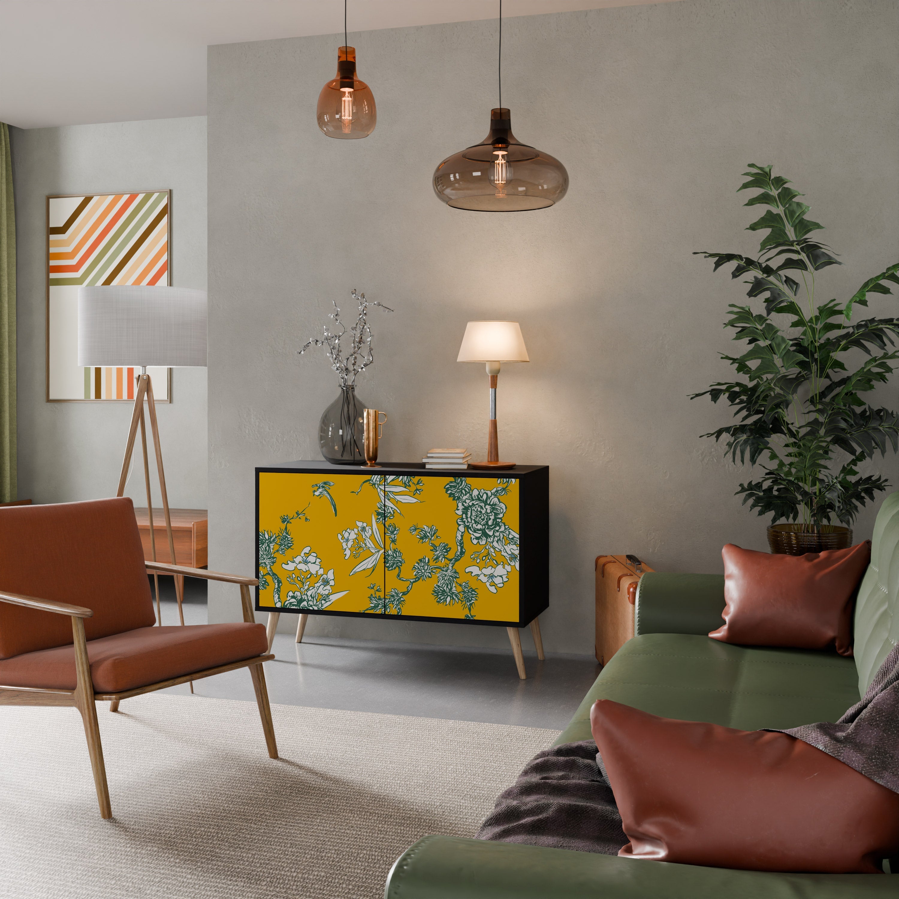 YELLOW CHINOISERIE 2-Door Sideboard in Black Finish