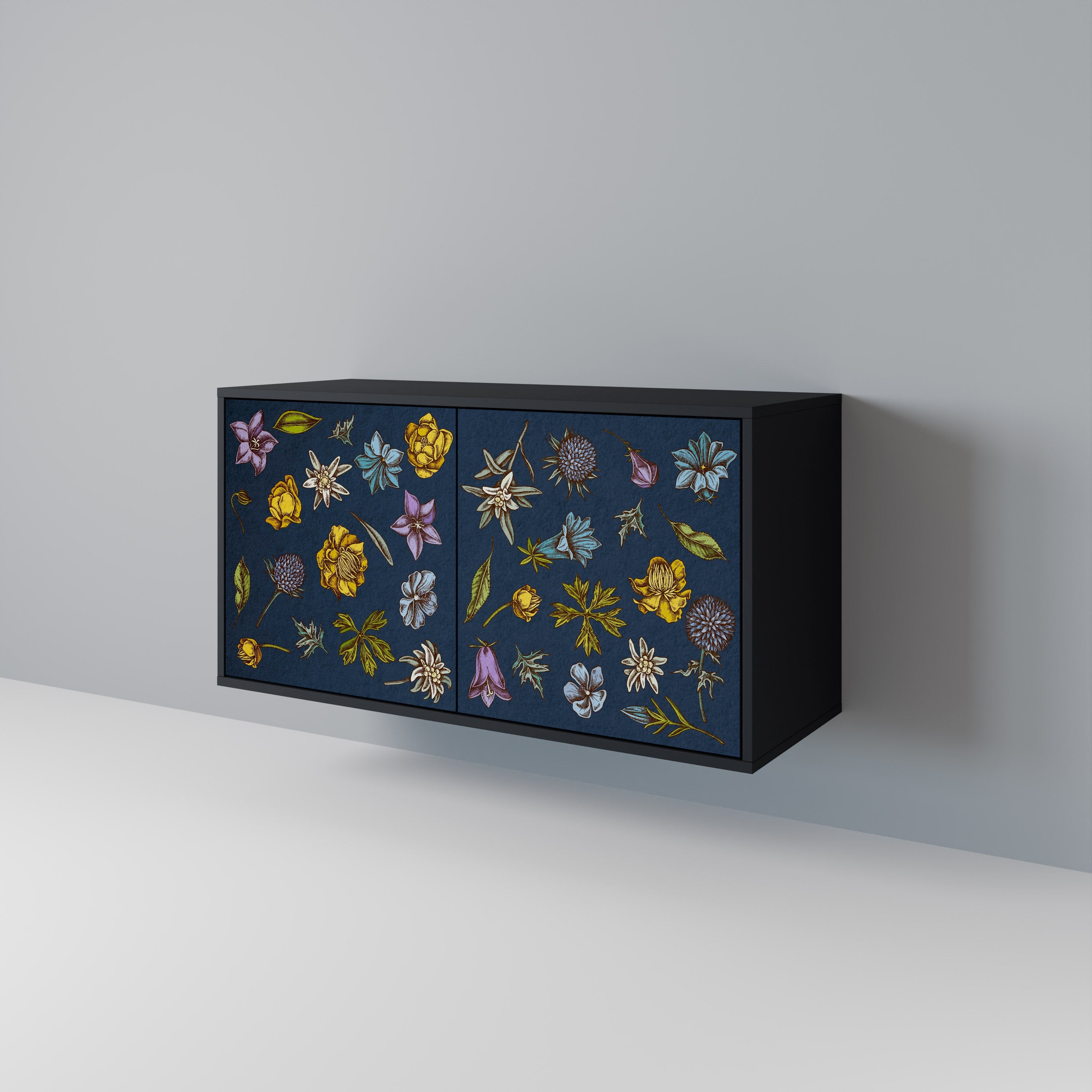 FLOWERS ON NAVY BLUE 2-Door Sideboard in Black Finish