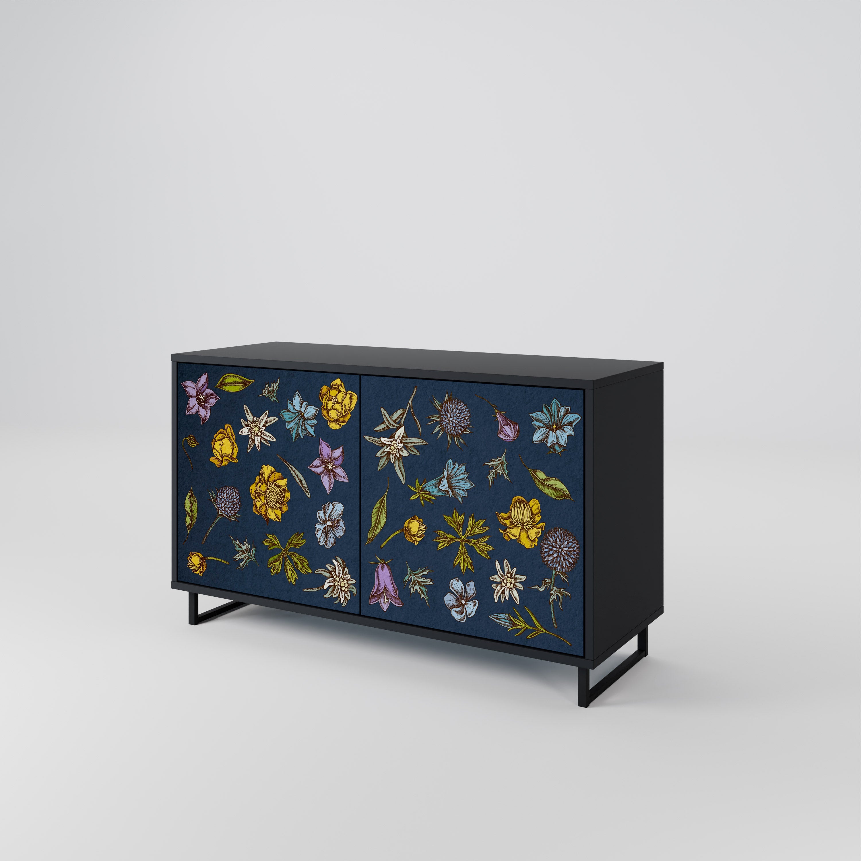 FLOWERS ON NAVY BLUE 2-Door Sideboard in Black Finish