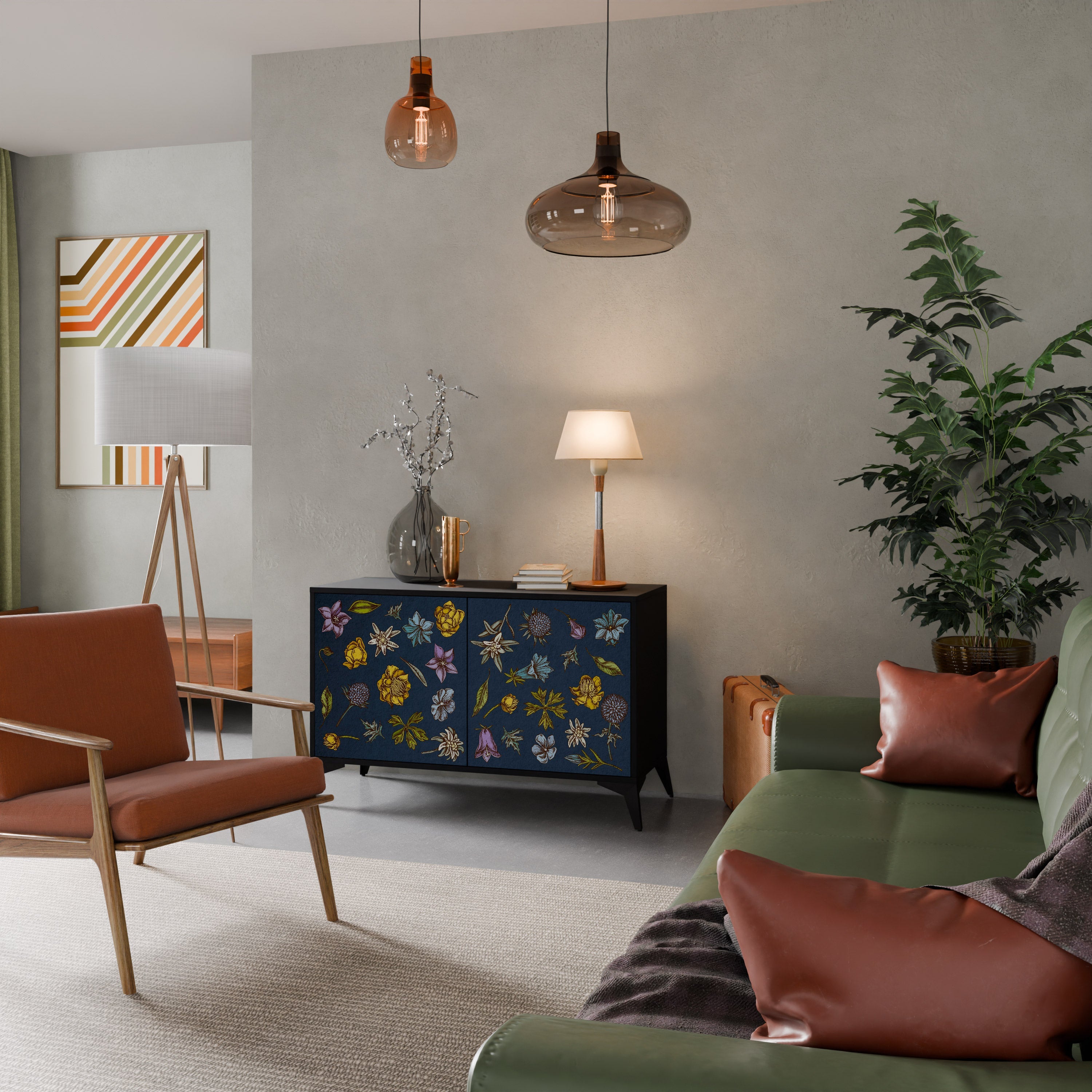 FLOWERS ON NAVY BLUE 2-Door Sideboard in Black Finish