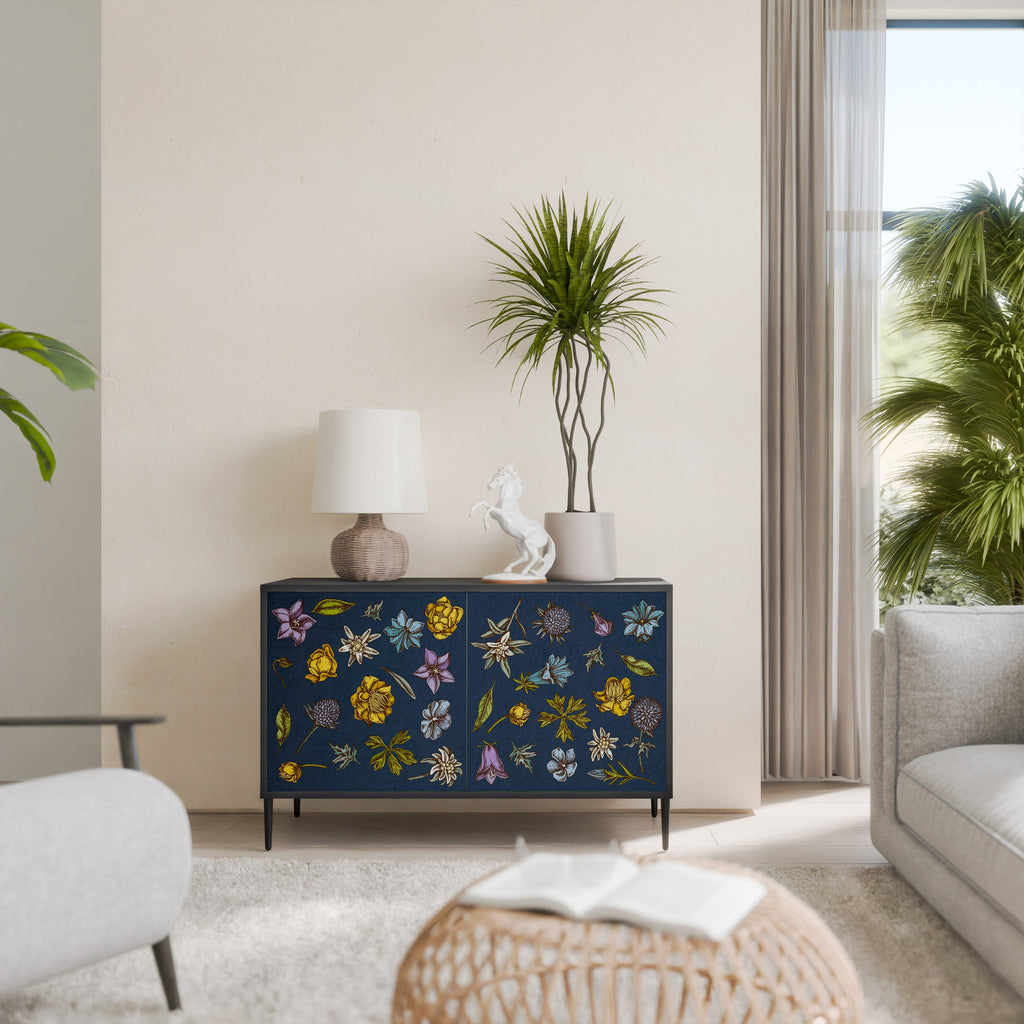 FLOWERS ON NAVY BLUE 2-Door Sideboard in Black Finish