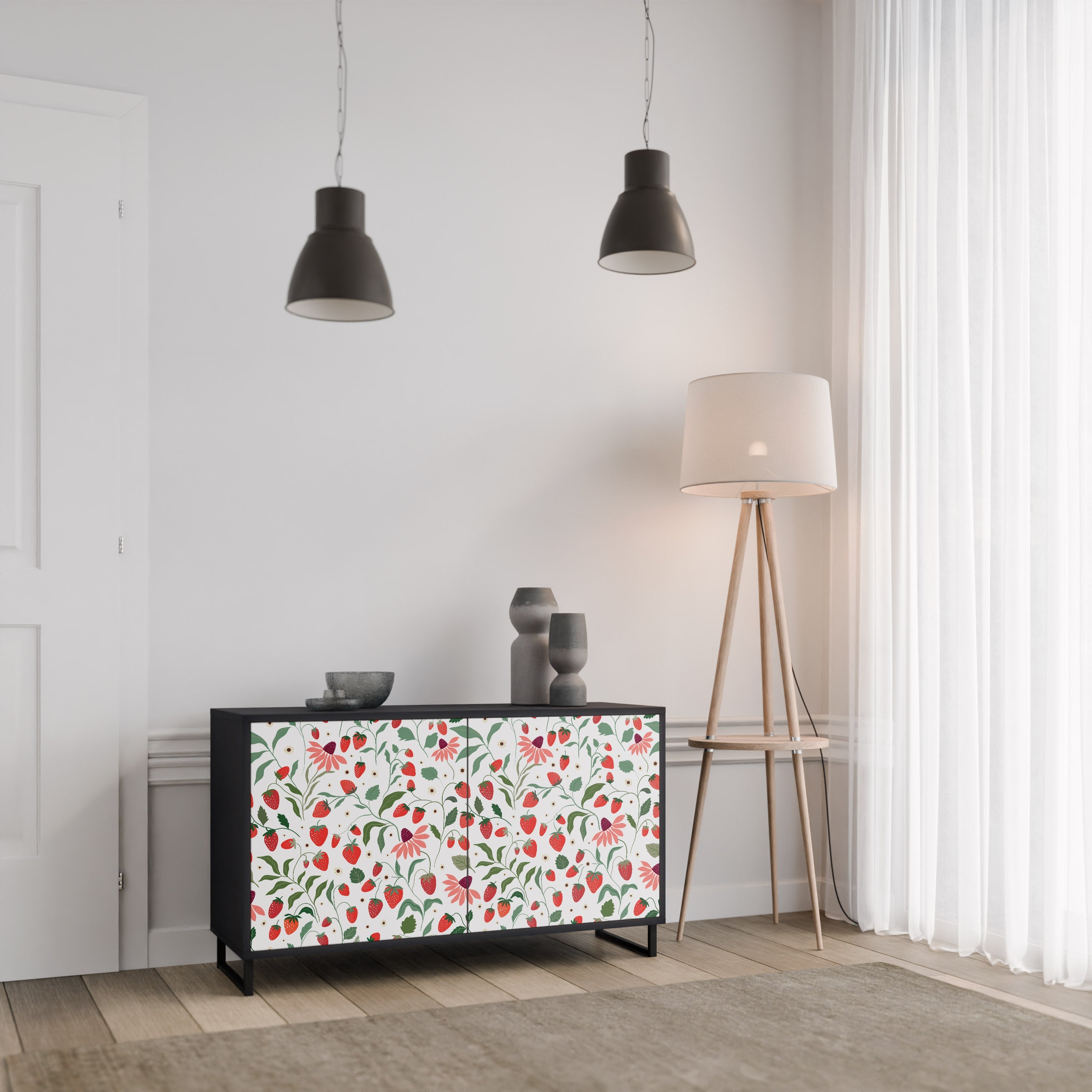 FLOWERS AND STRAWBERRIES 2-Door Sideboard in Black Finish