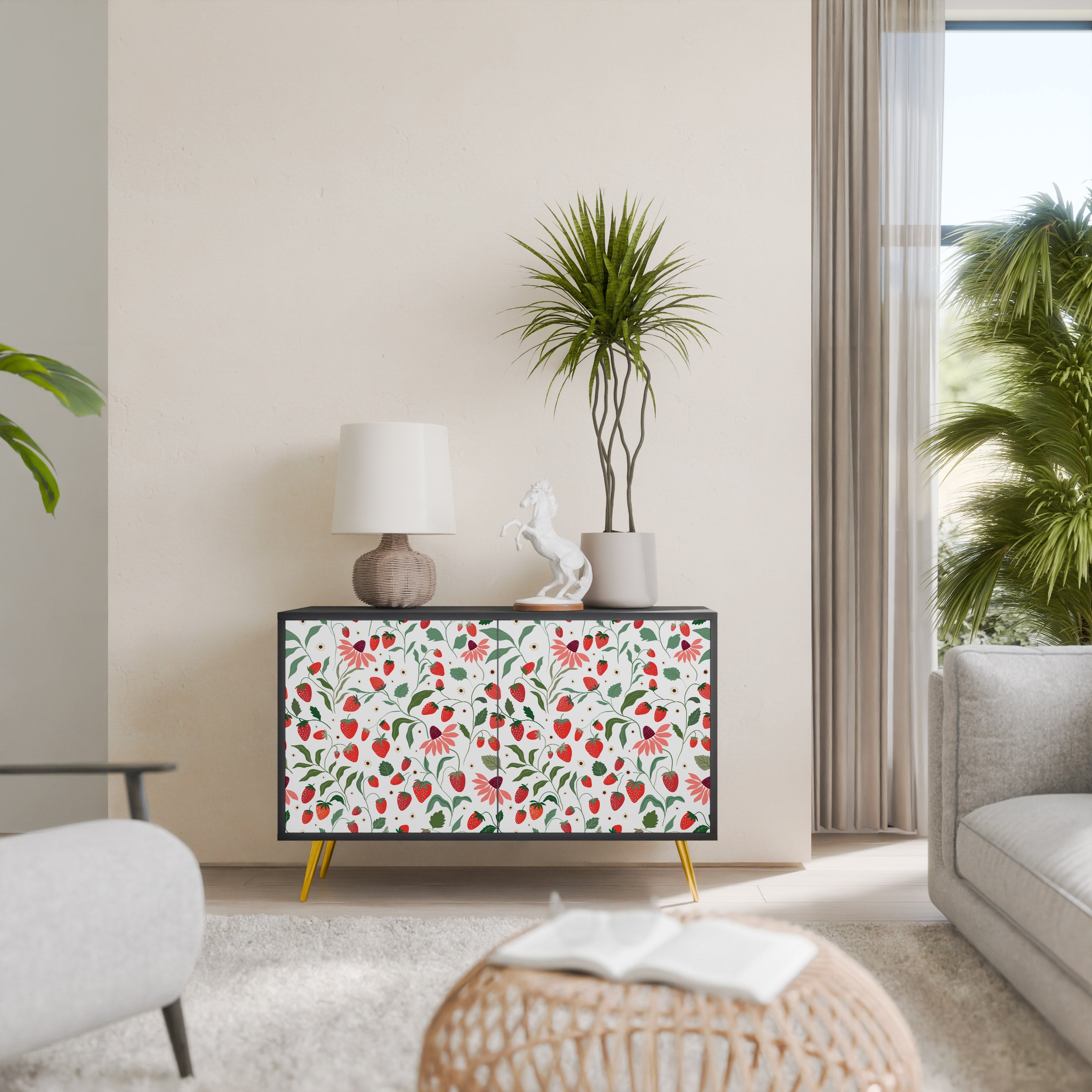 FLOWERS AND STRAWBERRIES 2-Door Sideboard in Black Finish