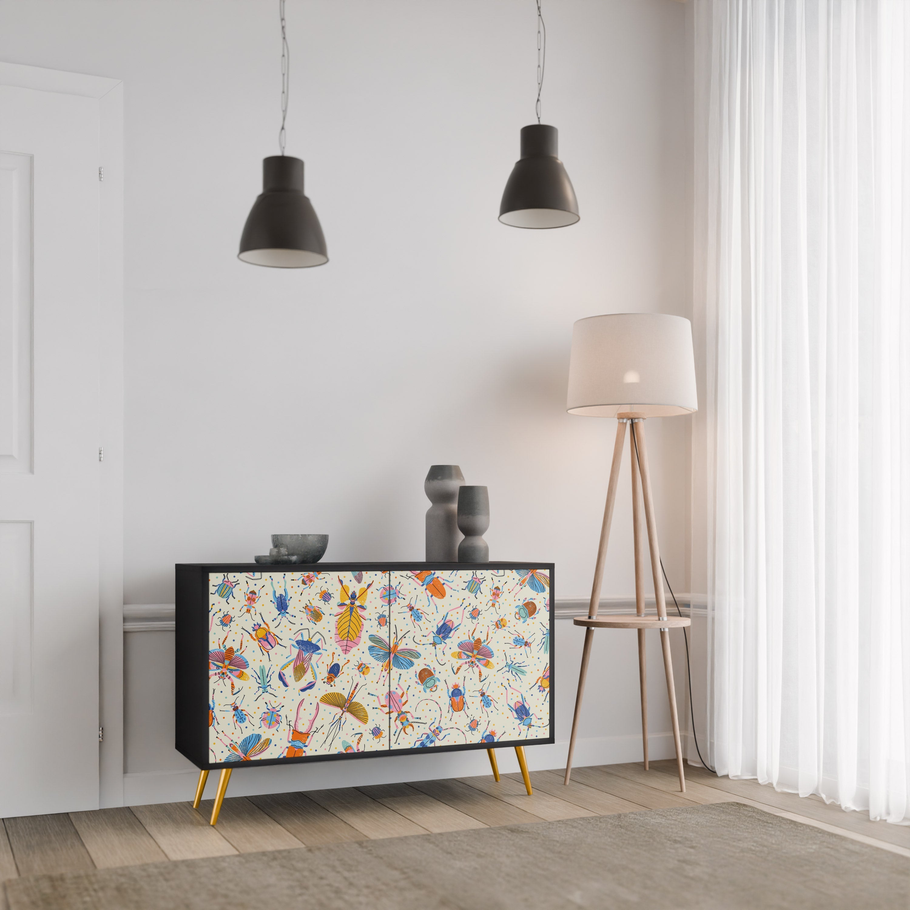 COLORFUL INSECTS 2-Door Sideboard in Black Finish