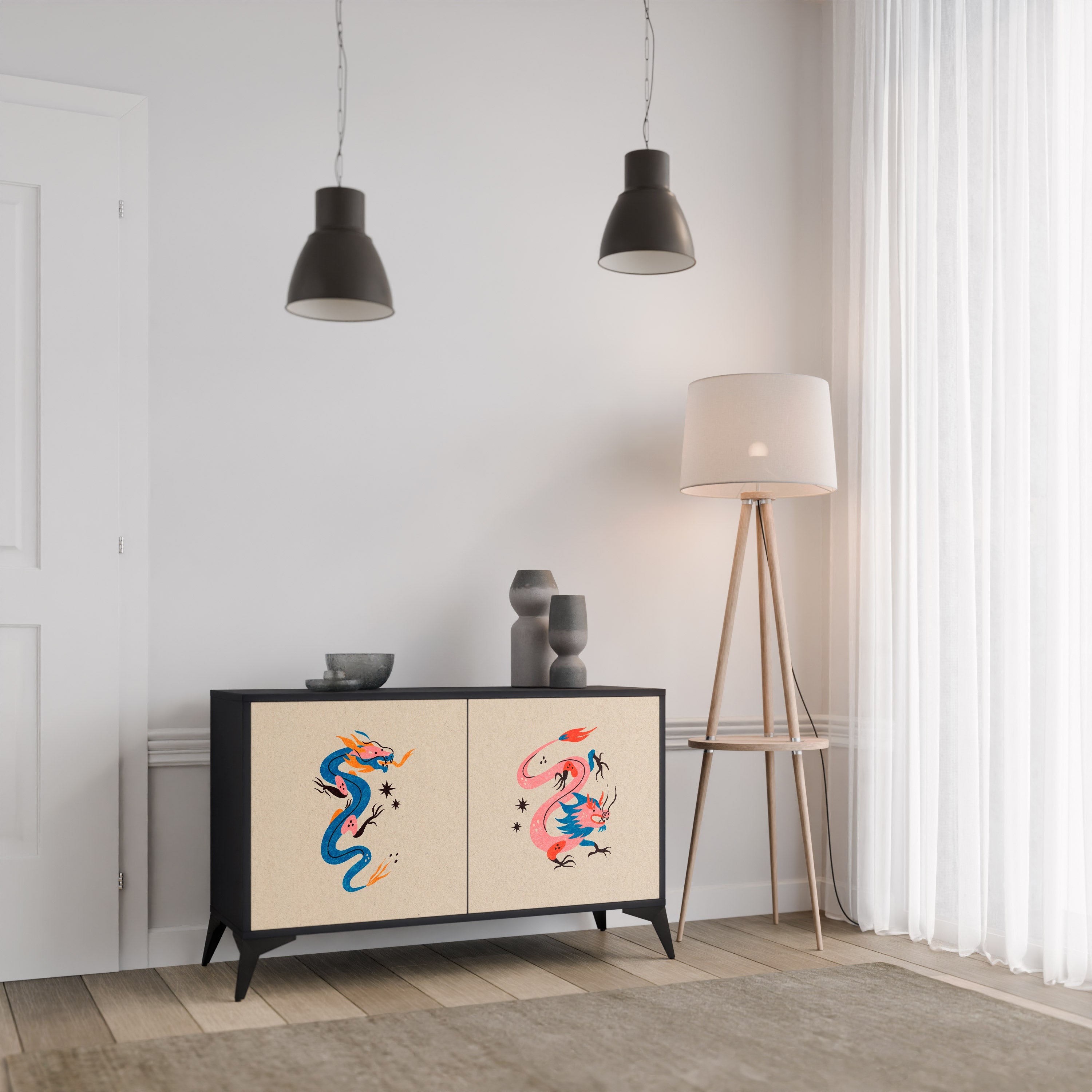 MYTHOLOGICAL CREATURES 2-Door Sideboard in Black Finish