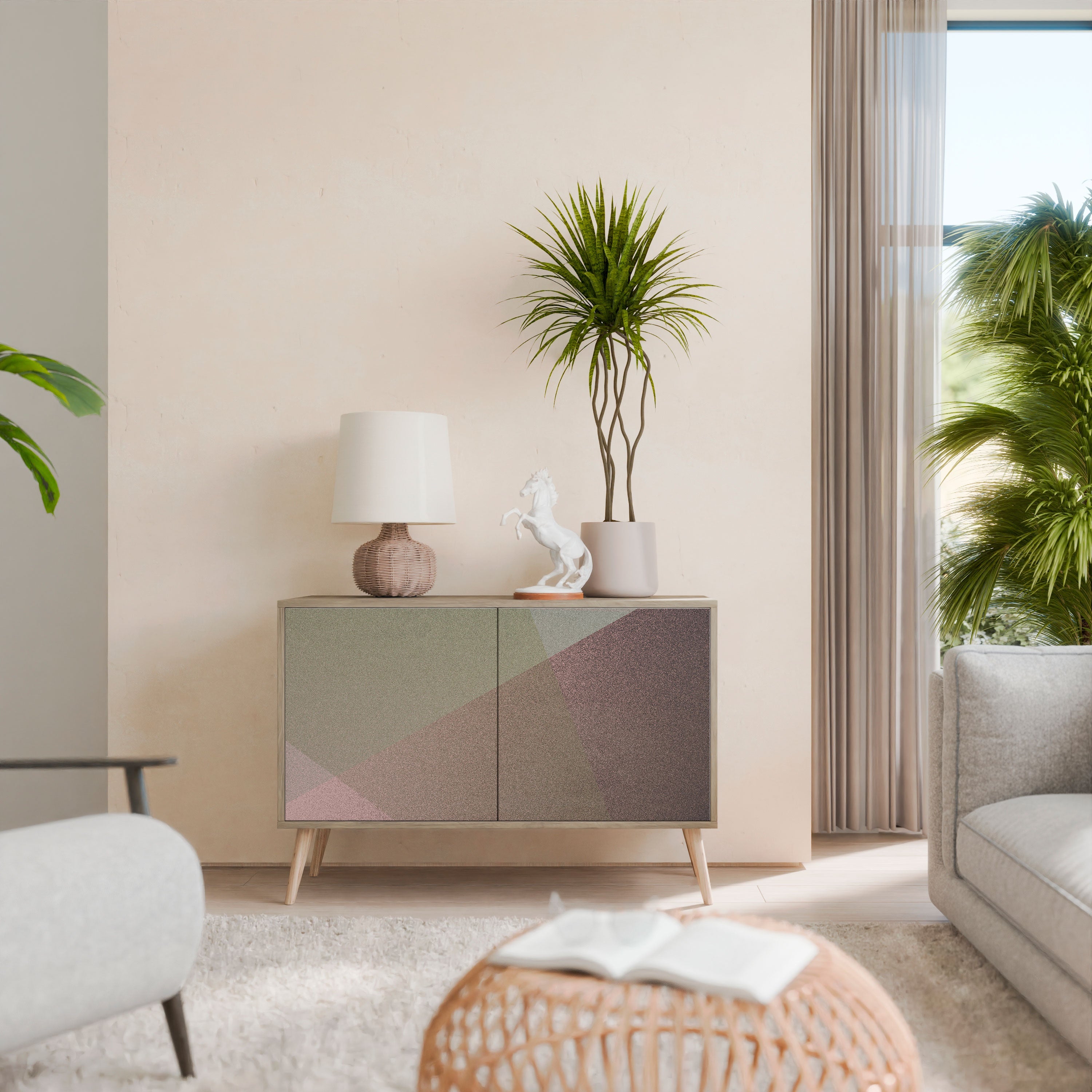 BEIGE GEOMETRY Aparador de 2 Portas em Efeito Carvalho