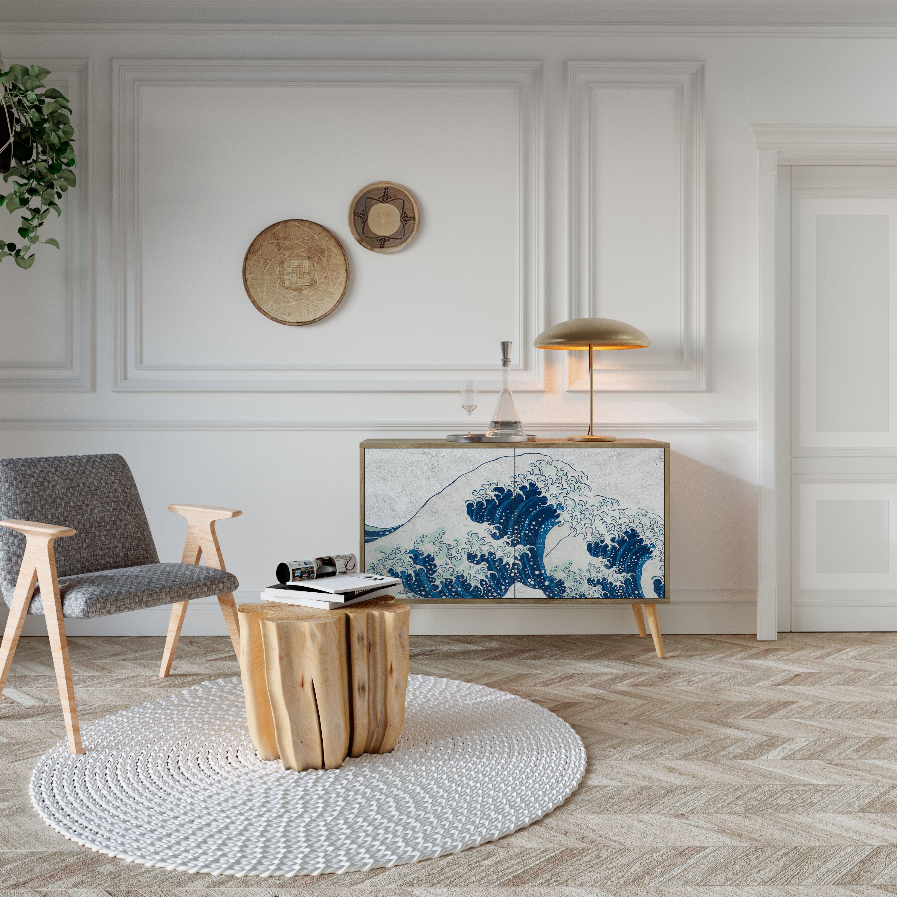 THE GREAT WAVE AT KANAGAWA Aparador de 2 Portas em Efeito Carvalho