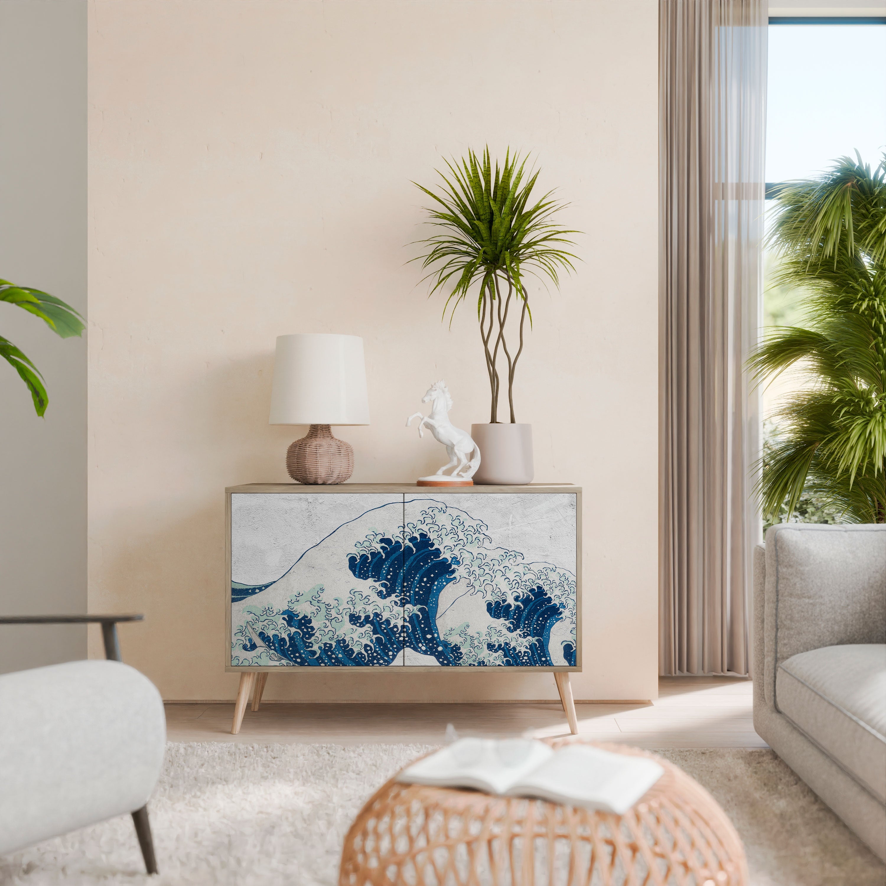 THE GREAT WAVE AT KANAGAWA Aparador de 2 Portas em Efeito Carvalho