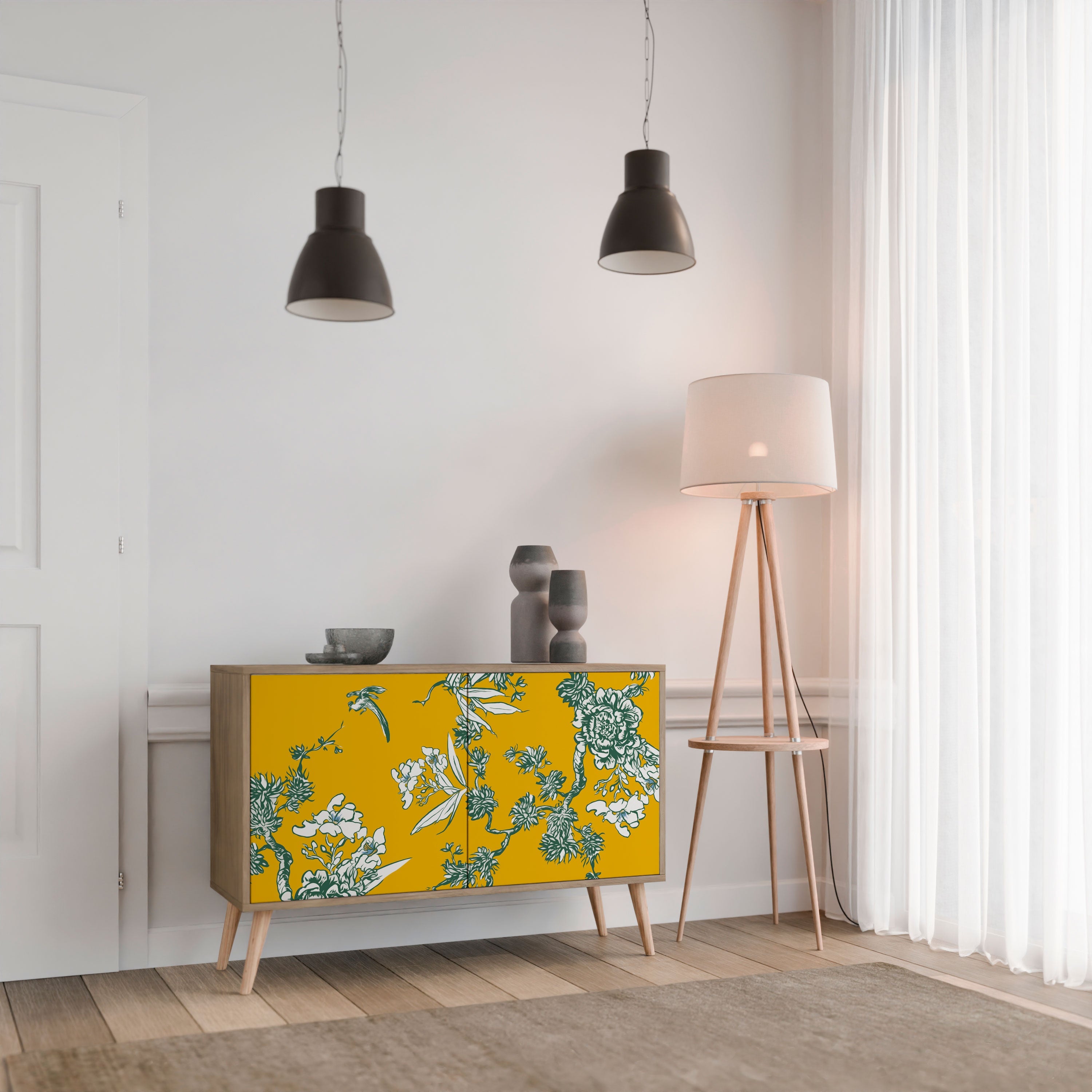 YELLOW CHINOISERIE 2-Door Sideboard in Oak Effect