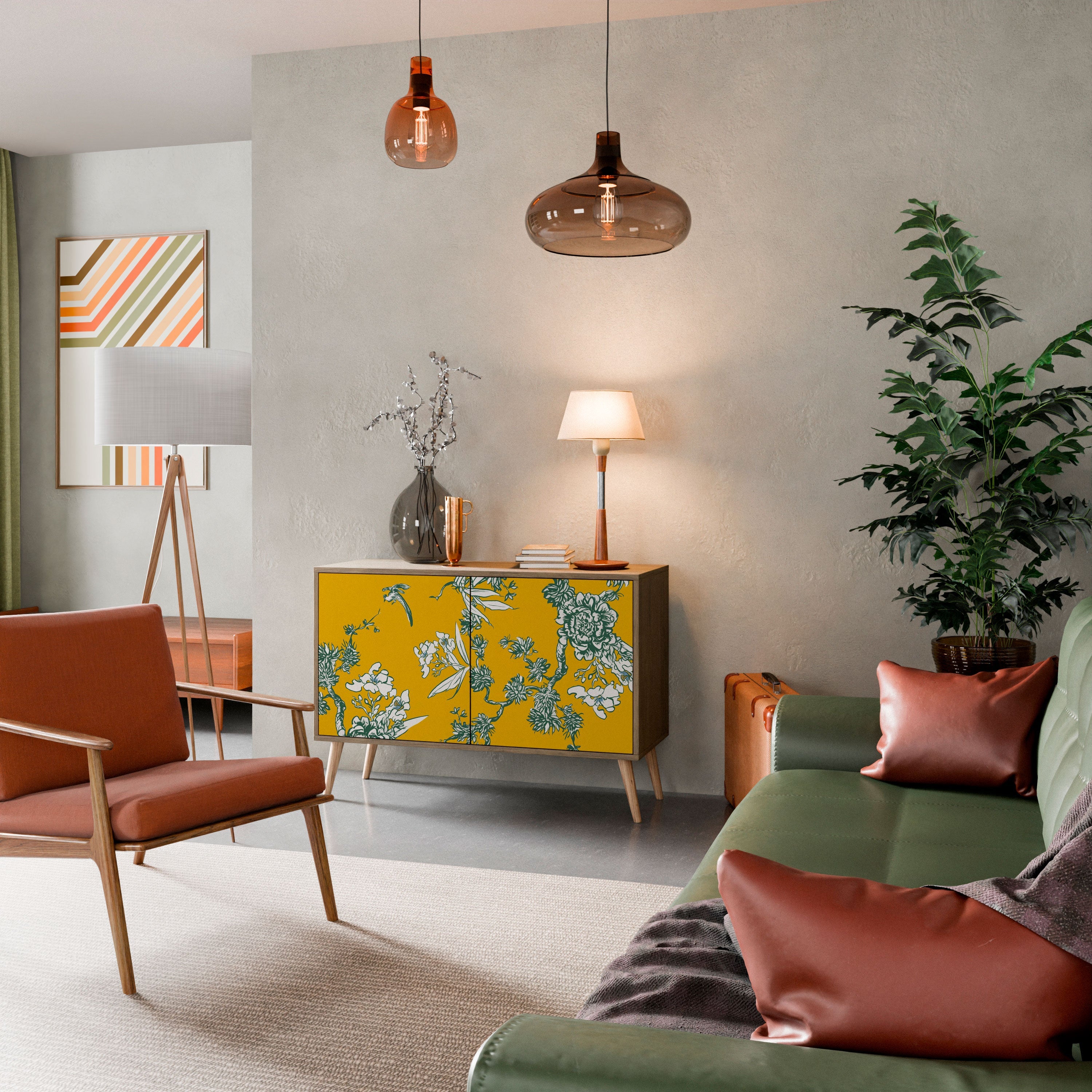 YELLOW CHINOISERIE 2-Door Sideboard in Oak Effect