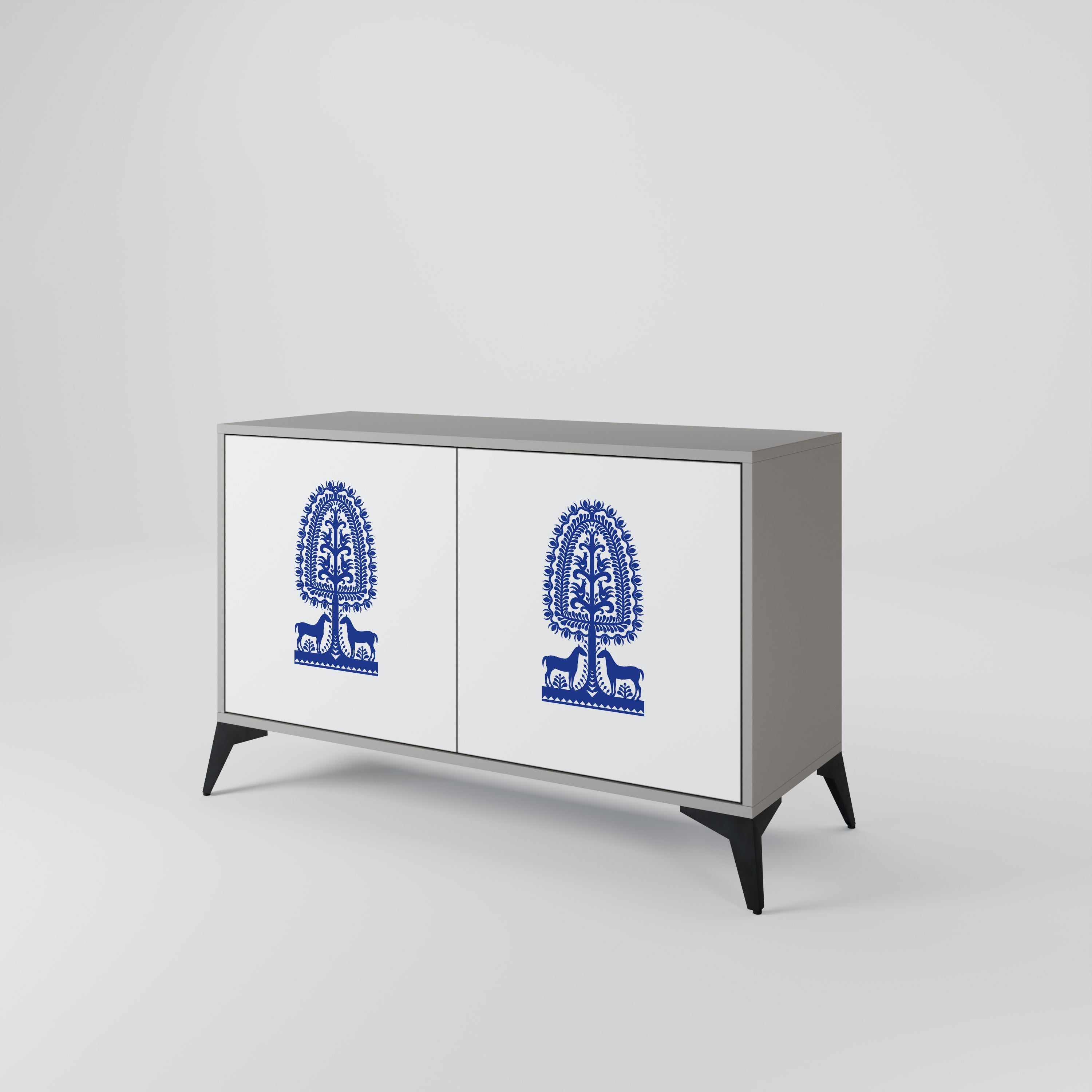 POLISH FOLK ART 2-Door Sideboard in Grey Finish