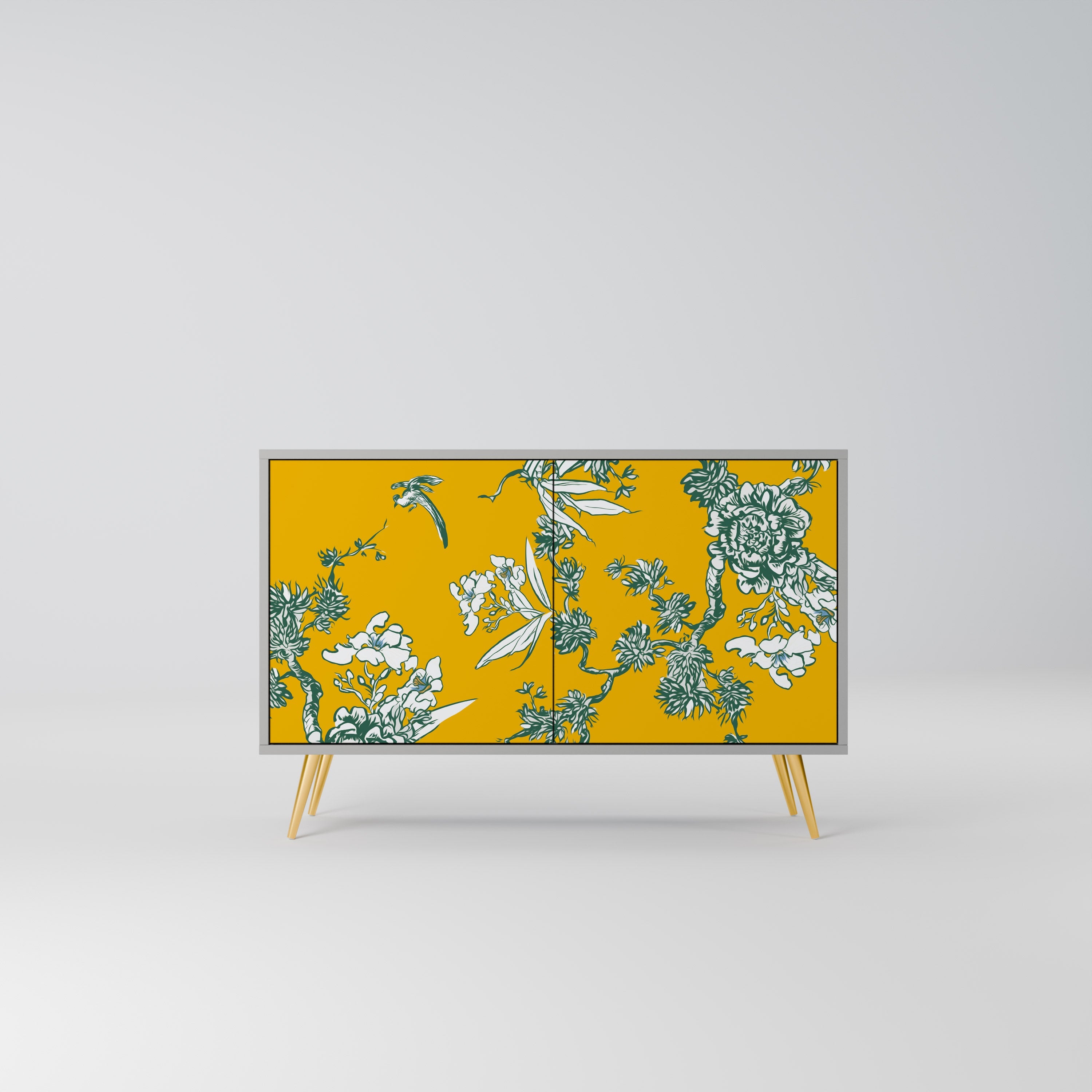 YELLOW CHINOISERIE 2-Door Sideboard in Grey Finish