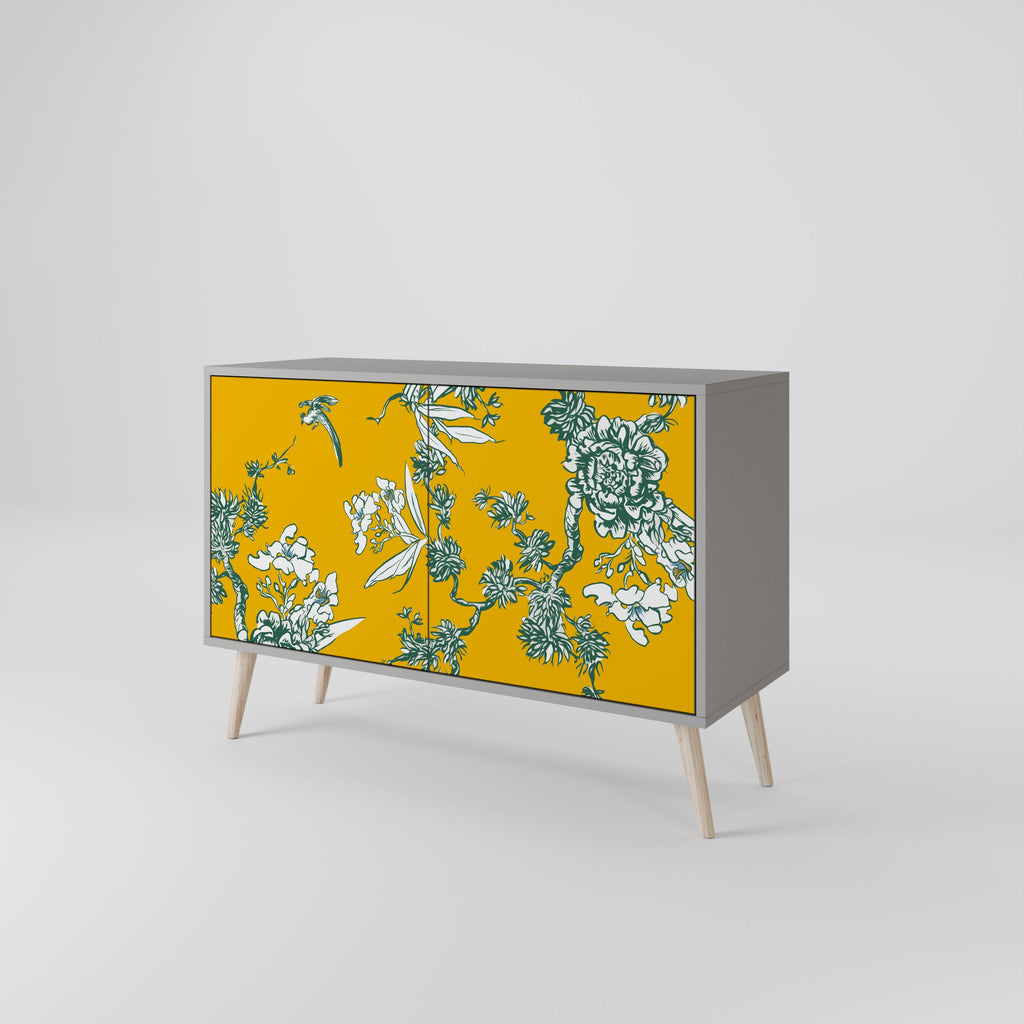 YELLOW CHINOISERIE 2-Door Sideboard in Grey Finish