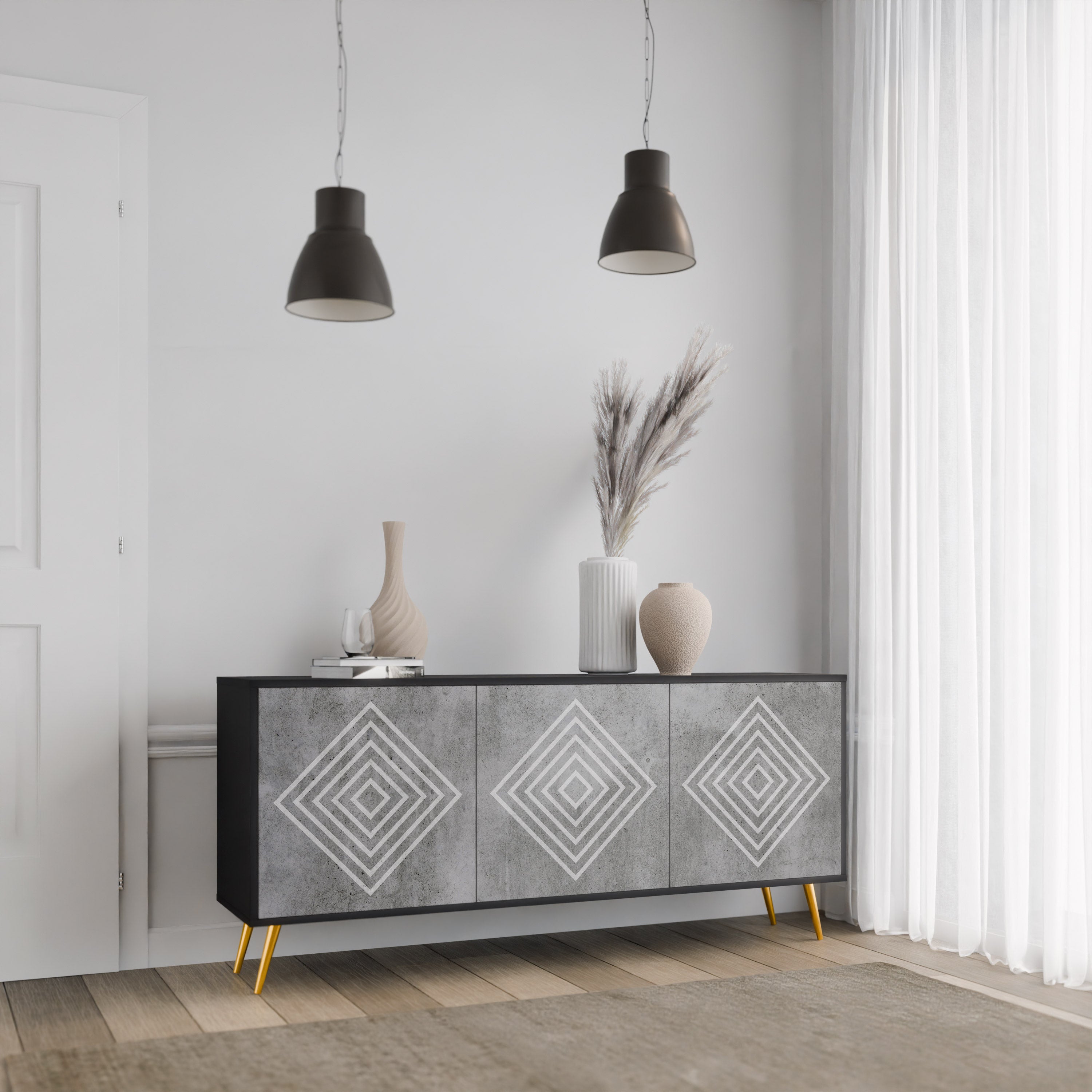 POLYGONAL ARTISTRY 3-Door Sideboard in Black Finish