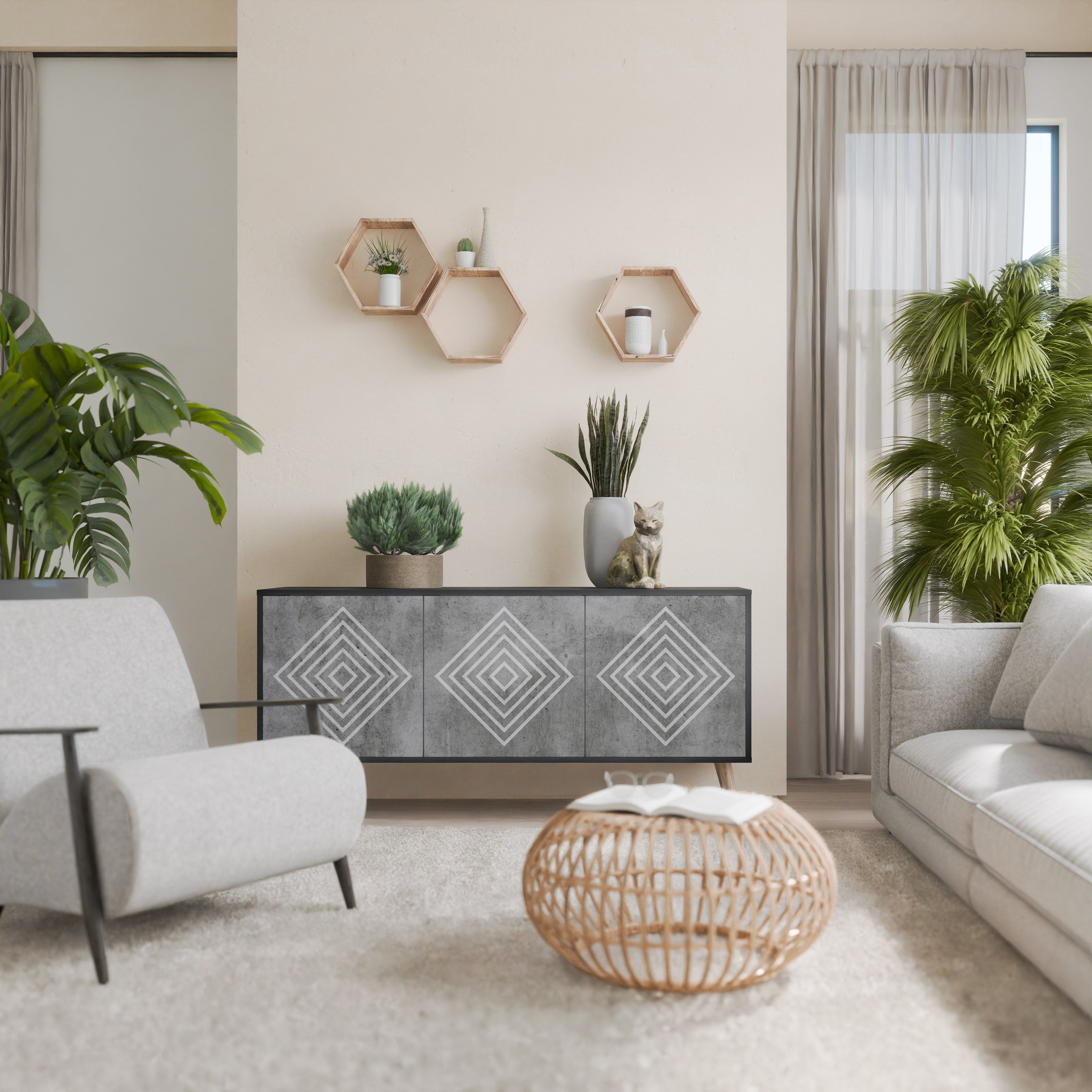 POLYGONAL ARTISTRY 3-Door Sideboard in Black Finish