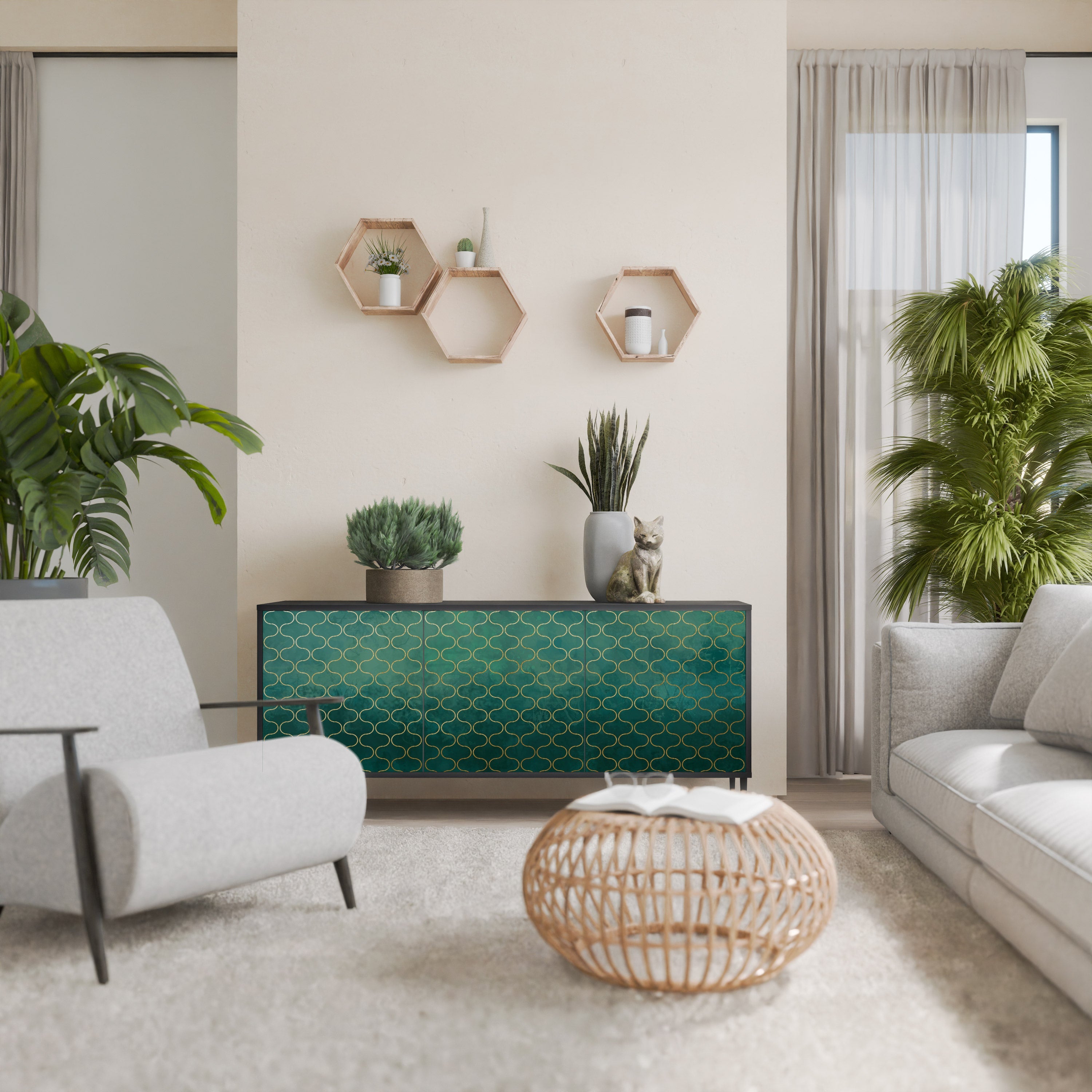 TESSELATED GREENERY Aparador de 3 Portas em Acabamento Preto