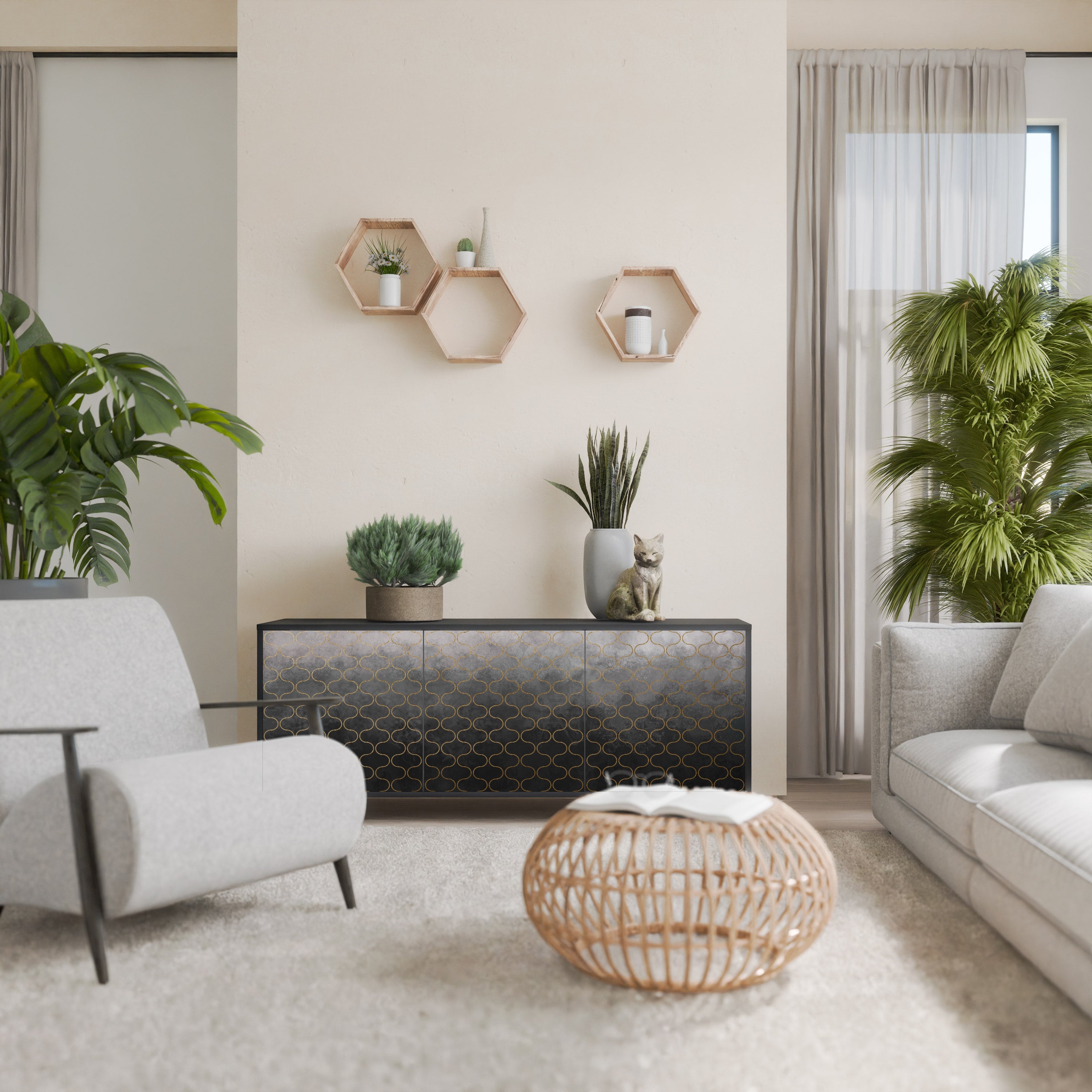 TESSELATED GRAYISH Aparador de 3 Portas em Acabamento Preto