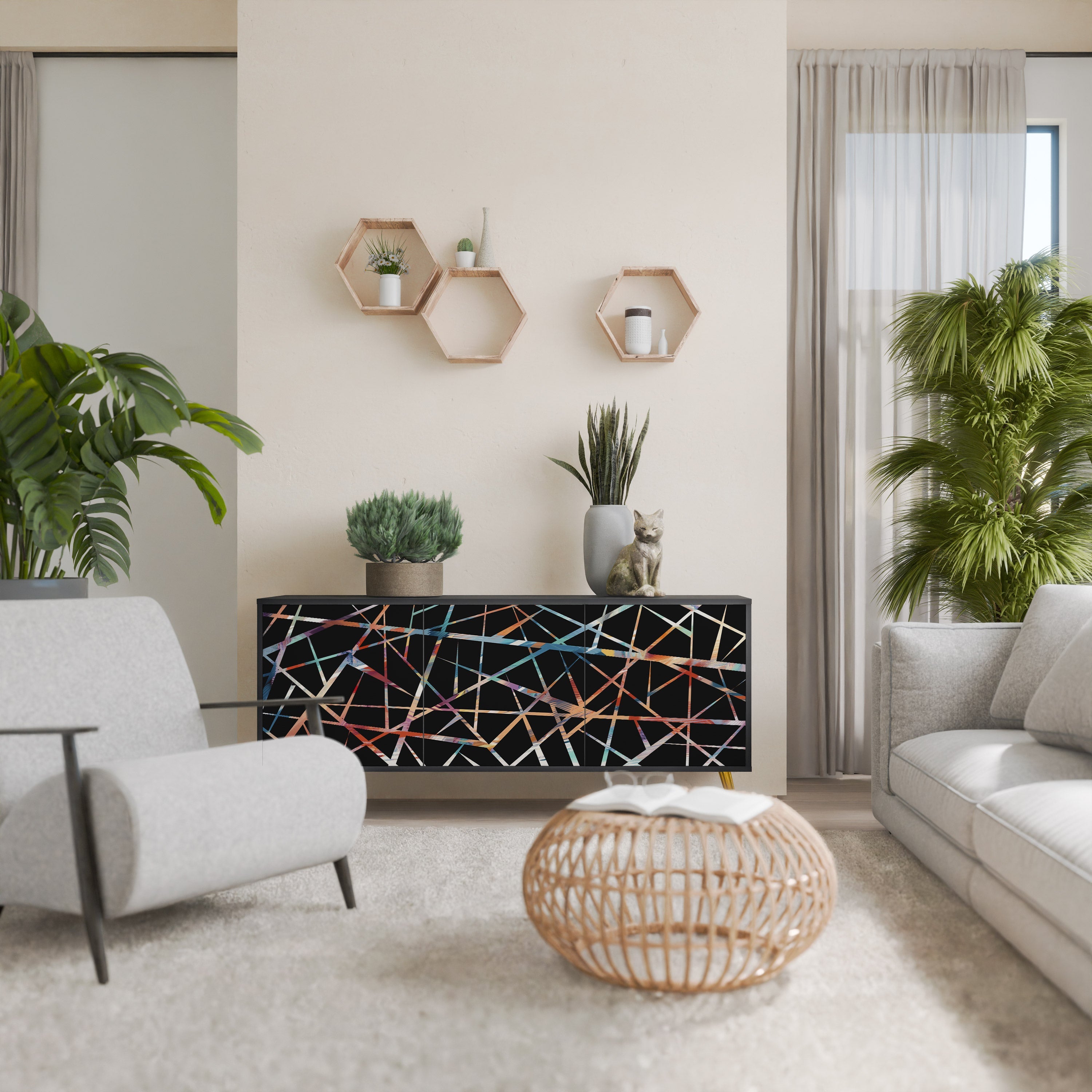 POLYGON VERVE Aparador de 3 Portas em Acabamento Preto