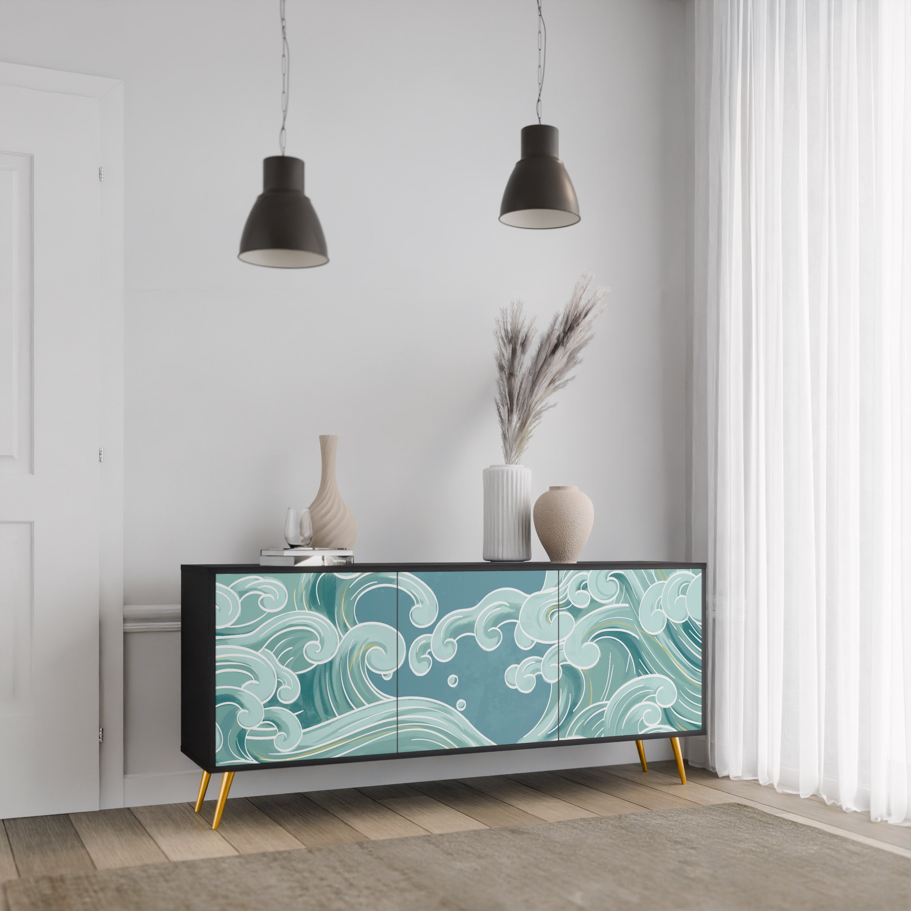 ASIAN SWAY Aparador de 3 Portas em Acabamento Preto