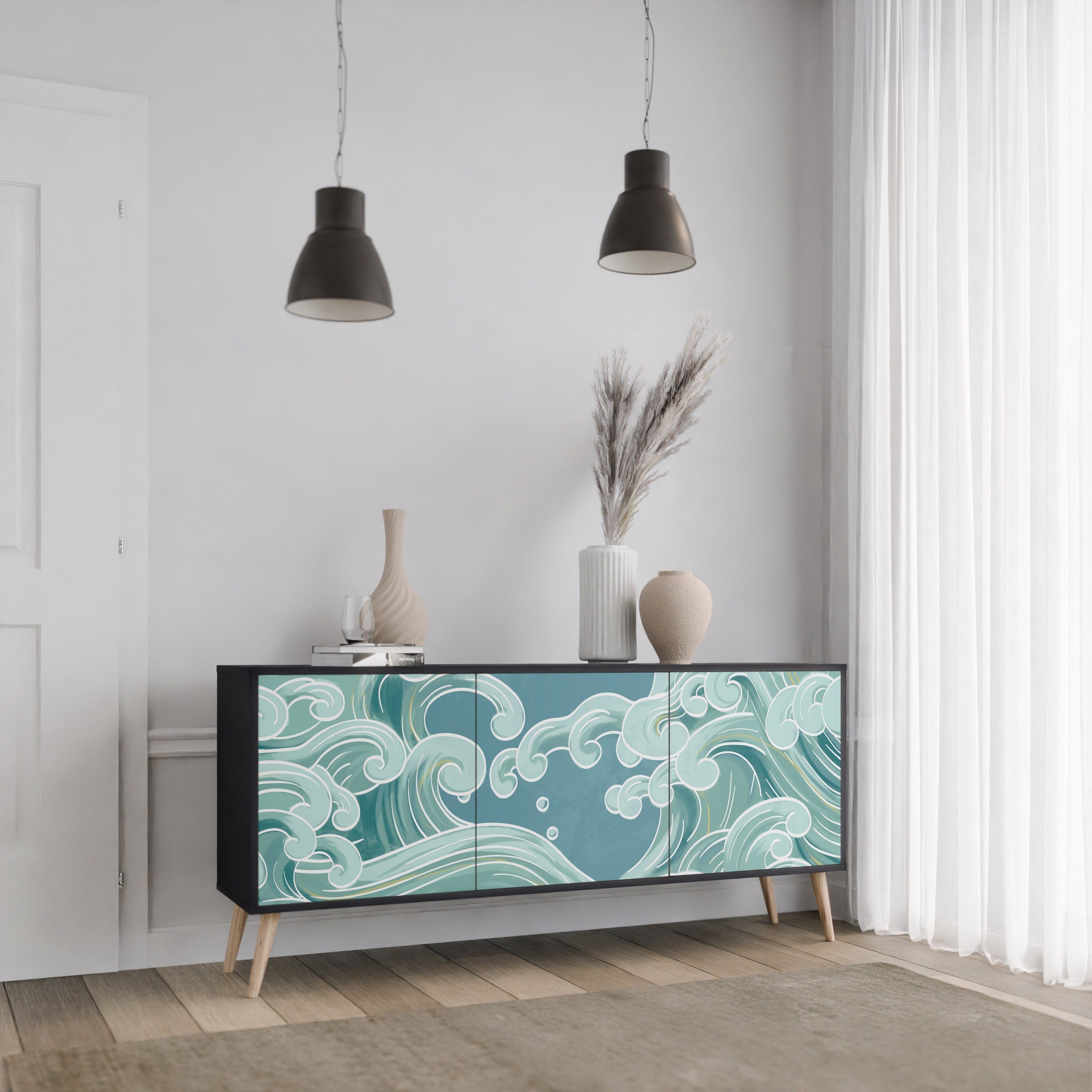 ASIAN SWAY Aparador de 3 Portas em Acabamento Preto