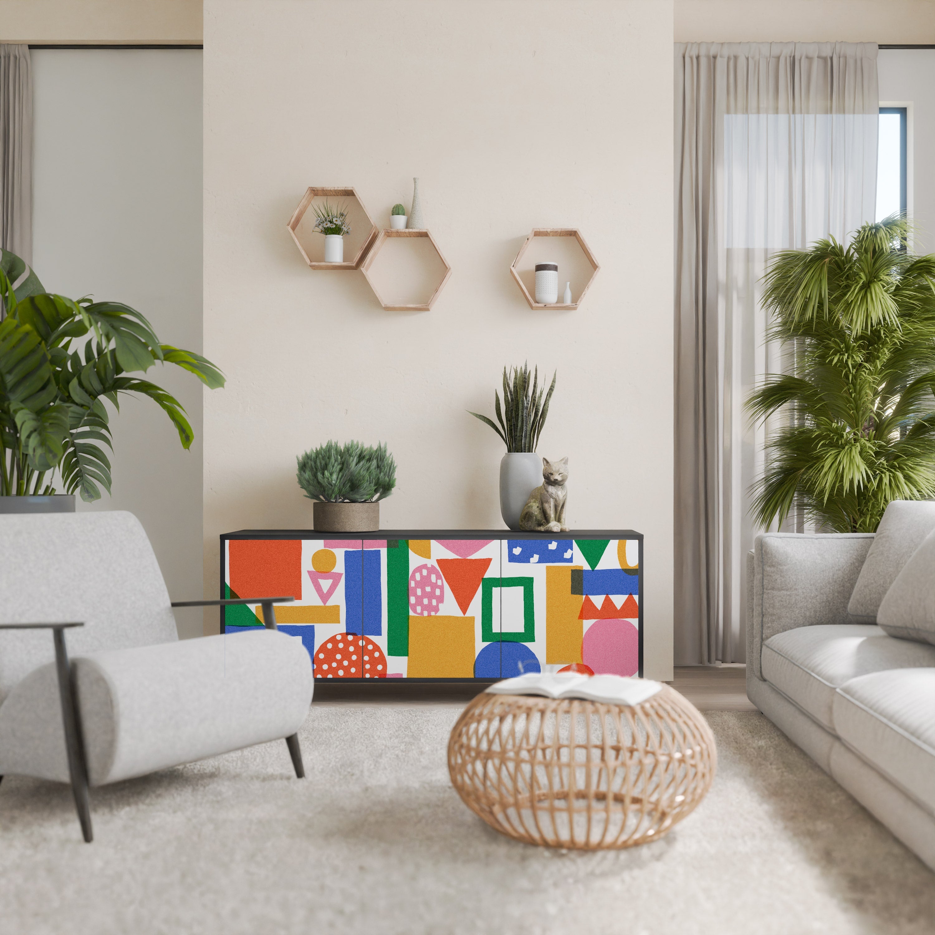 GEOMETRIC GLIMMER Aparador de 3 Portas em Acabamento Preto