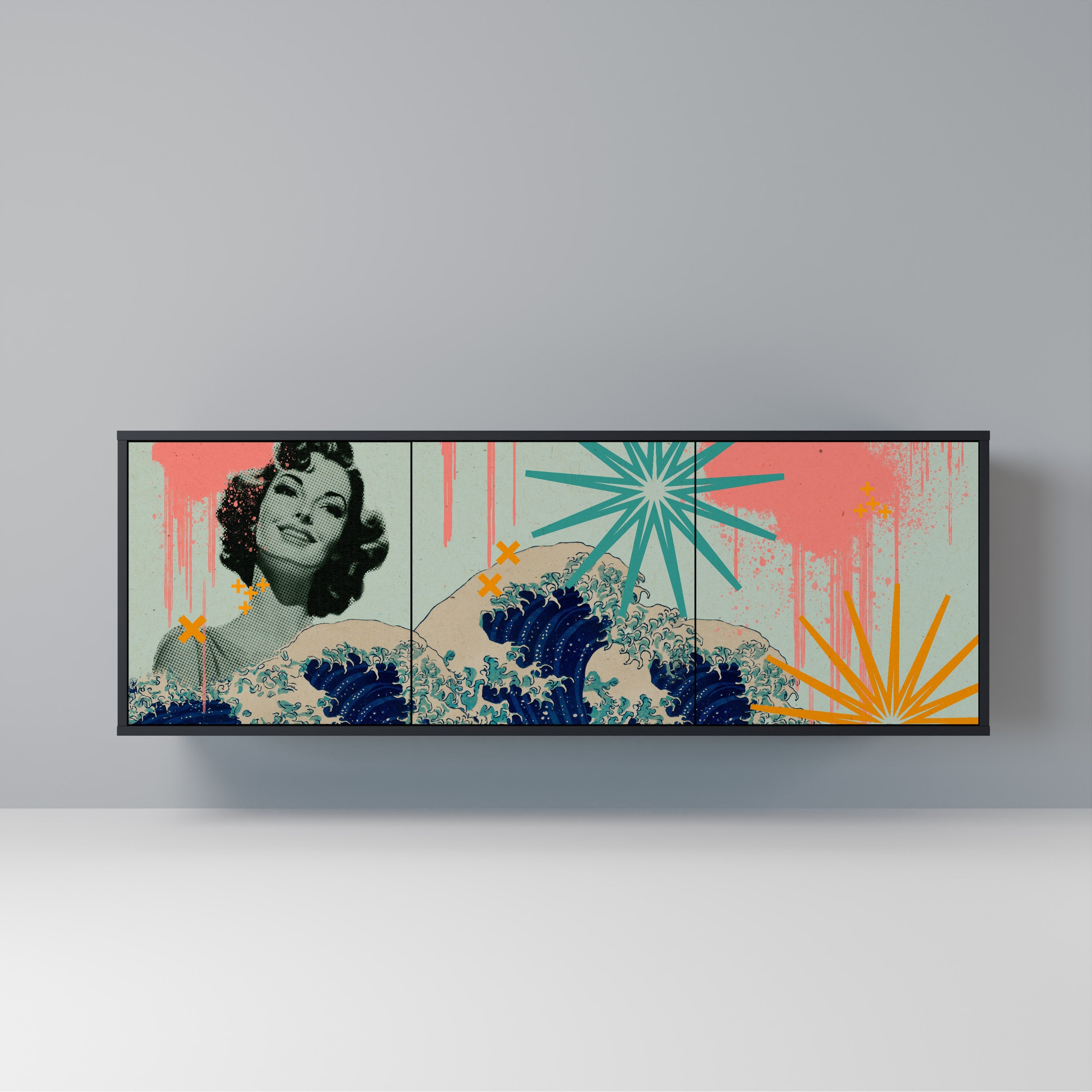 KANAGAWA BEAUTY Aparador de 3 Portas em Acabamento Preto