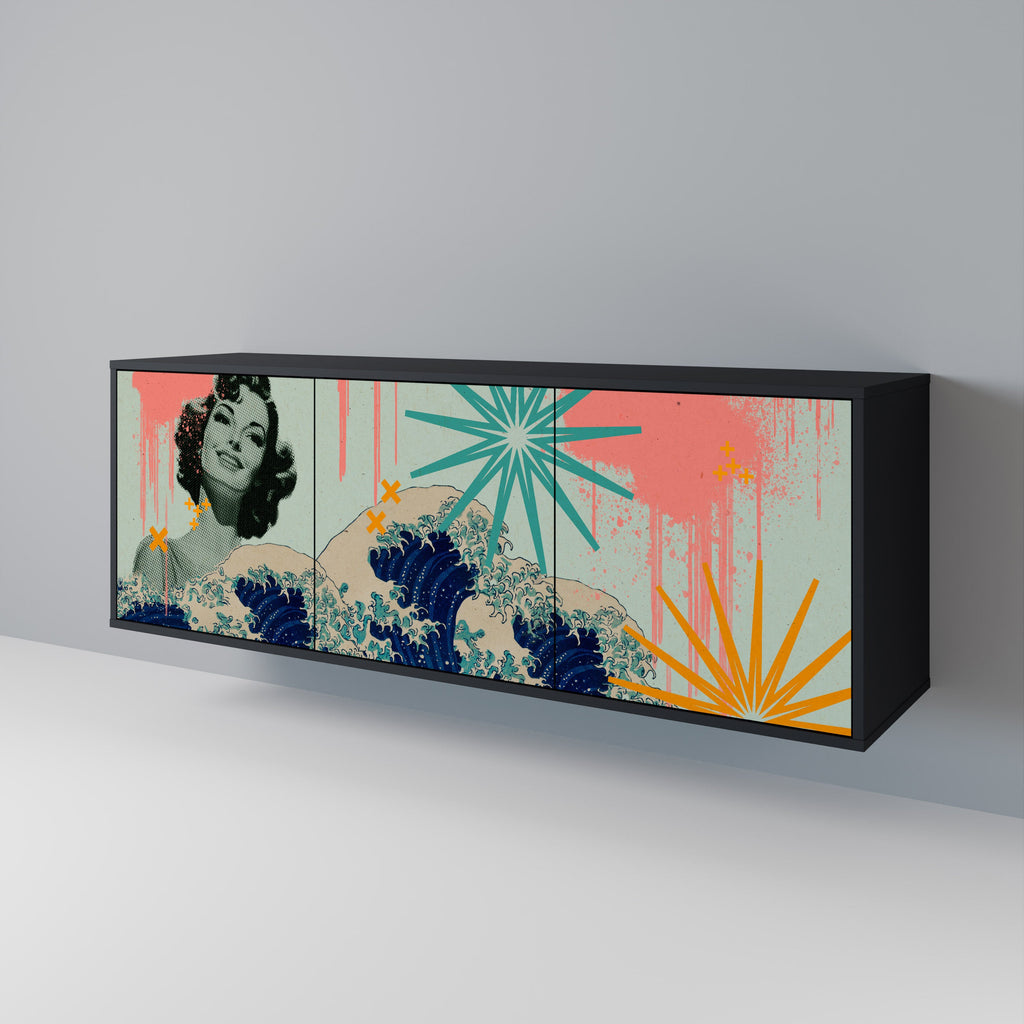 KANAGAWA BEAUTY Aparador de 3 Portas em Acabamento Preto