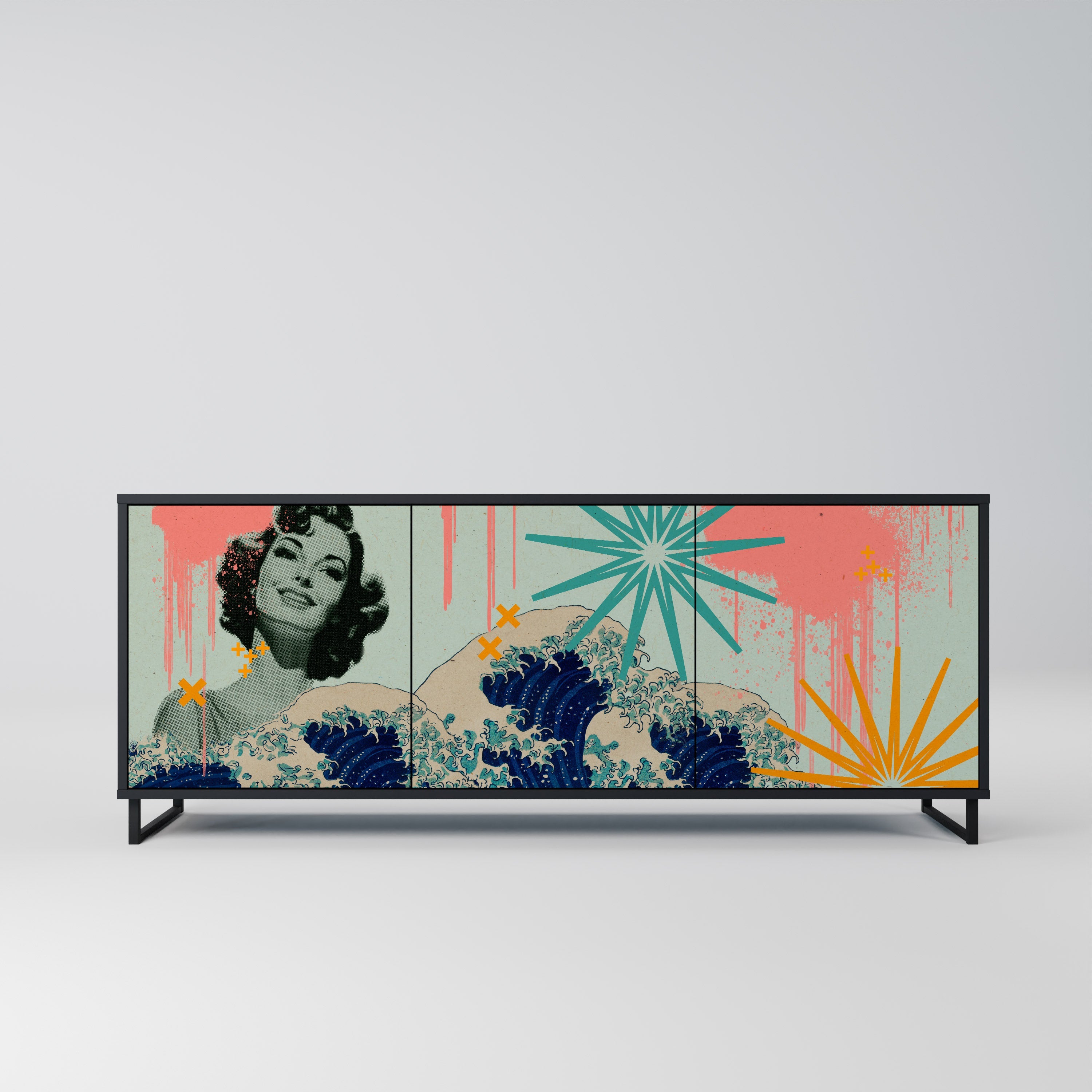 KANAGAWA BEAUTY Aparador de 3 Portas em Acabamento Preto