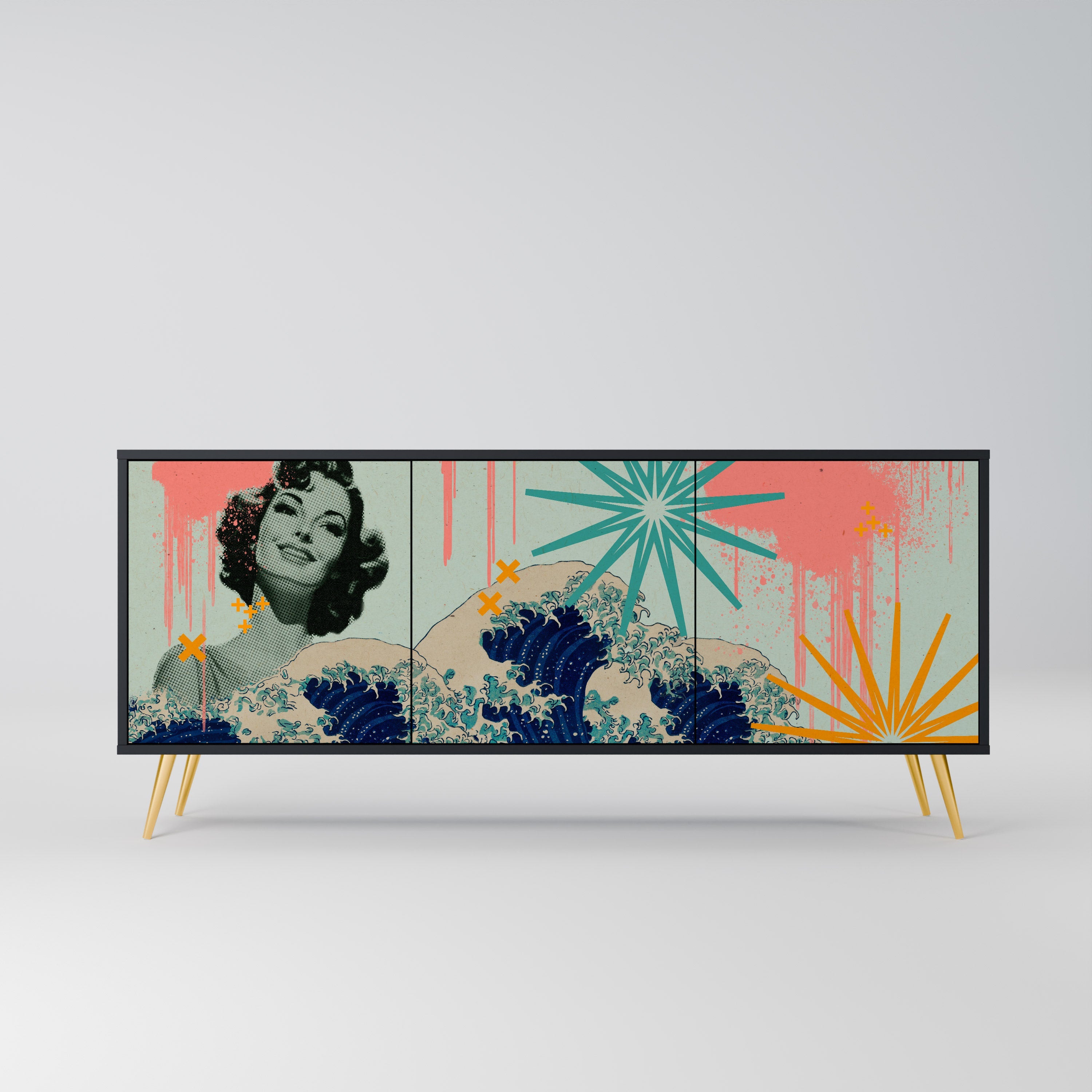 KANAGAWA BEAUTY Aparador de 3 Portas em Acabamento Preto