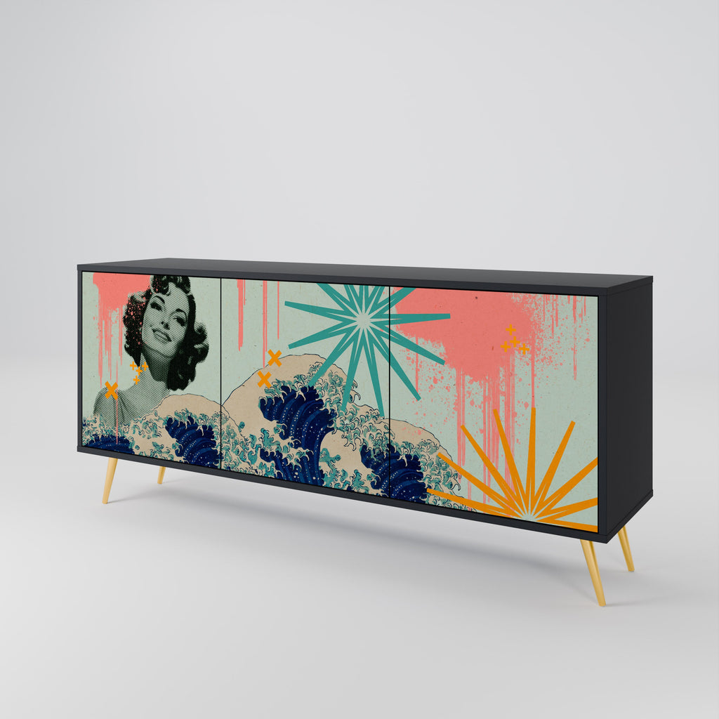 KANAGAWA BEAUTY Aparador de 3 Portas em Acabamento Preto