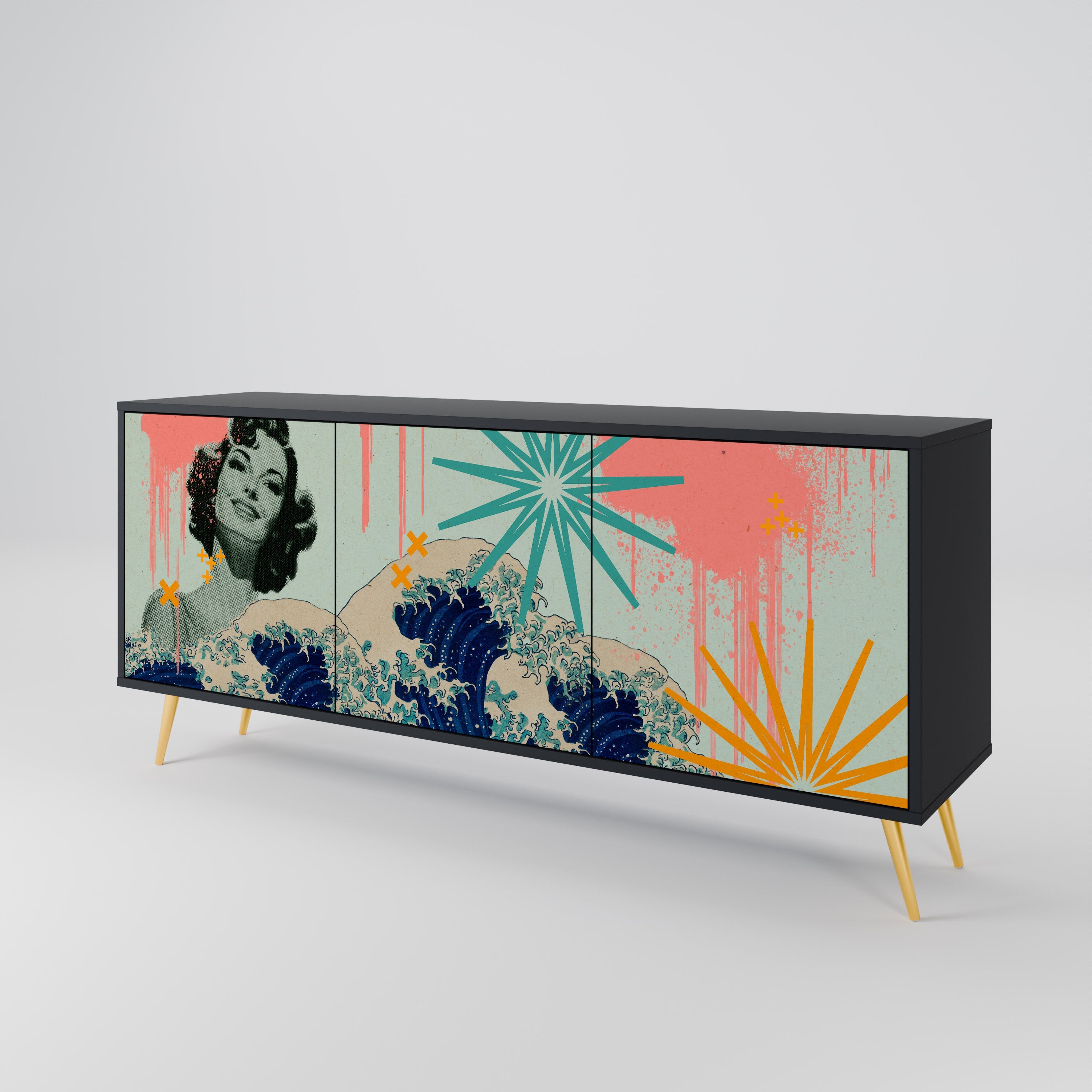 KANAGAWA BEAUTY Aparador de 3 Portas em Acabamento Preto