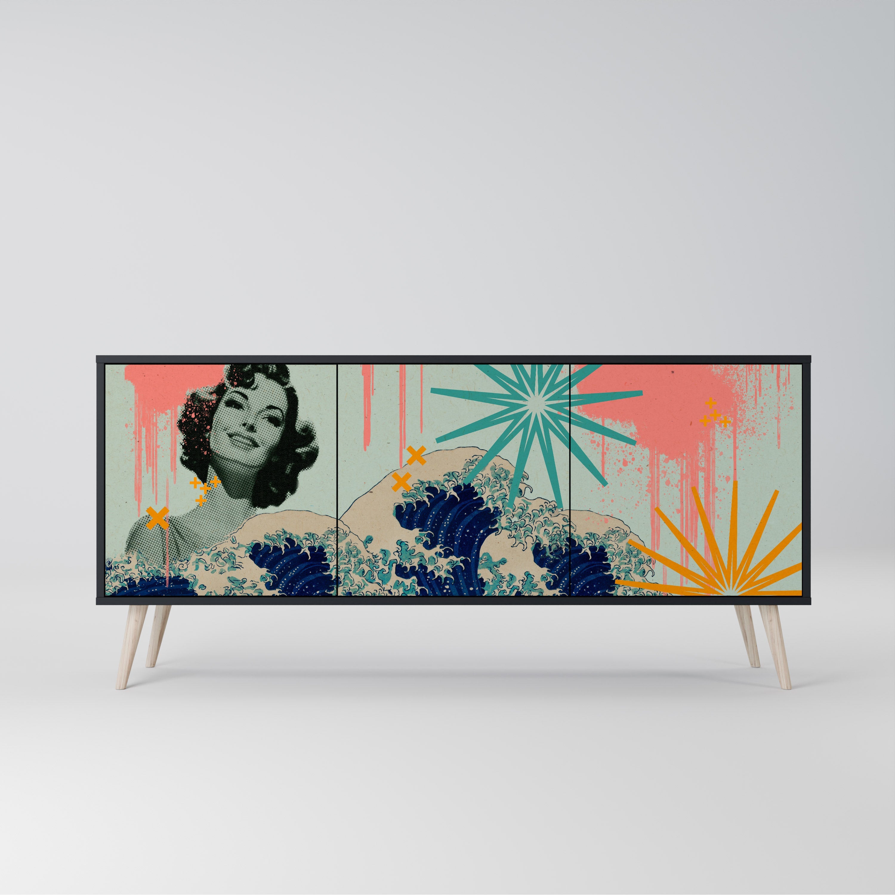 KANAGAWA BEAUTY Aparador de 3 Portas em Acabamento Preto