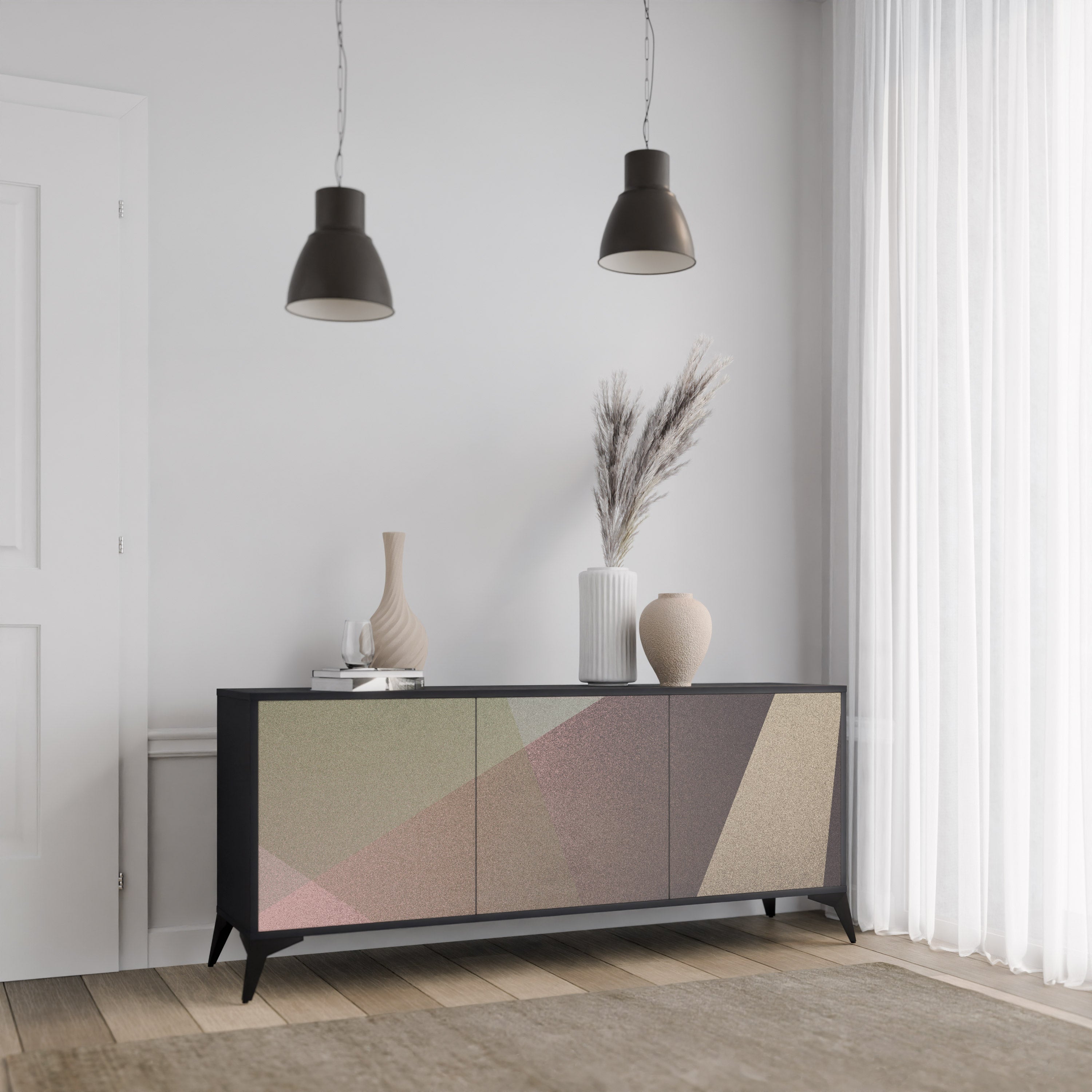 BEIGE GEOMETRY 3-Door Sideboard in Black Finish