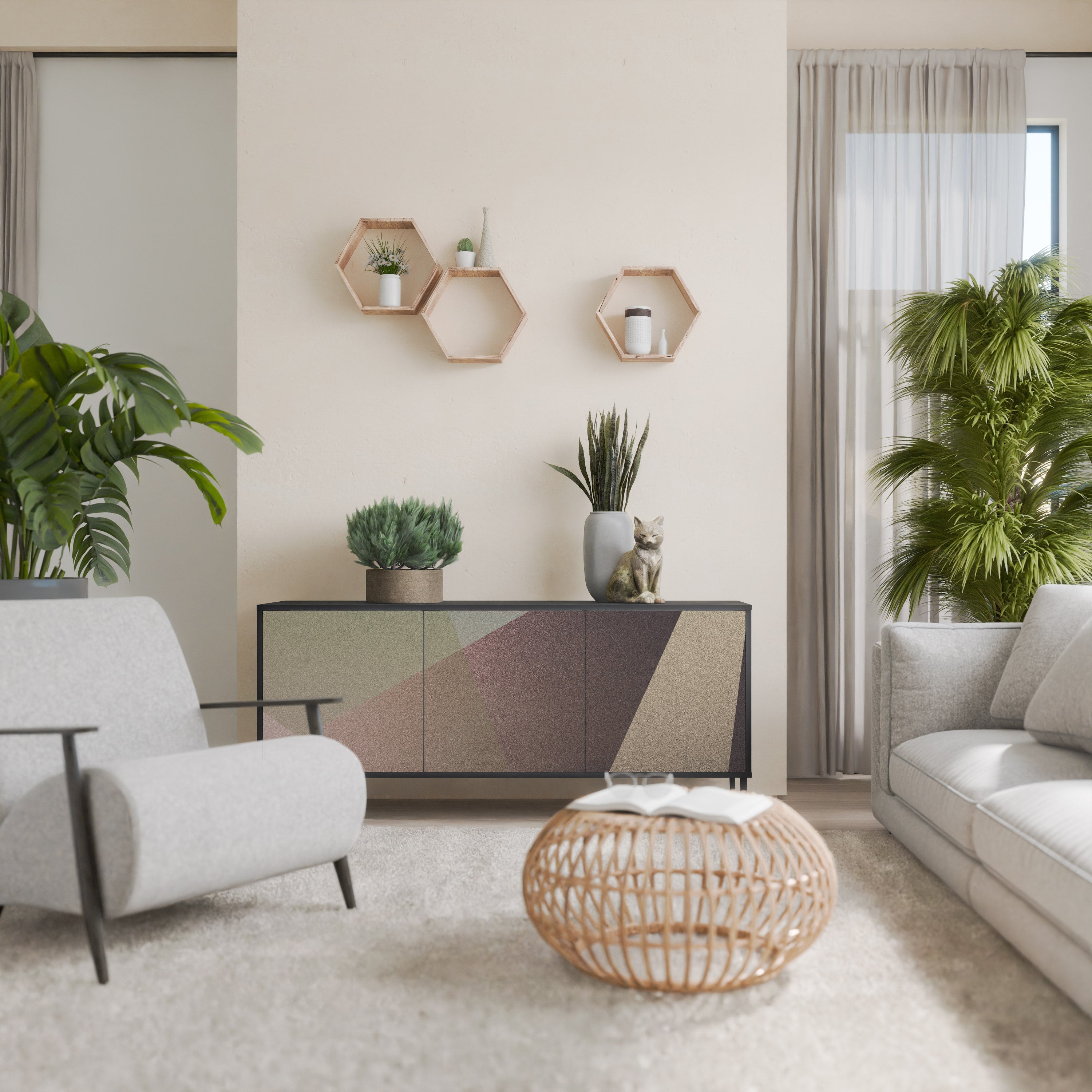 BEIGE GEOMETRY Aparador de 3 Portas em Acabamento Preto