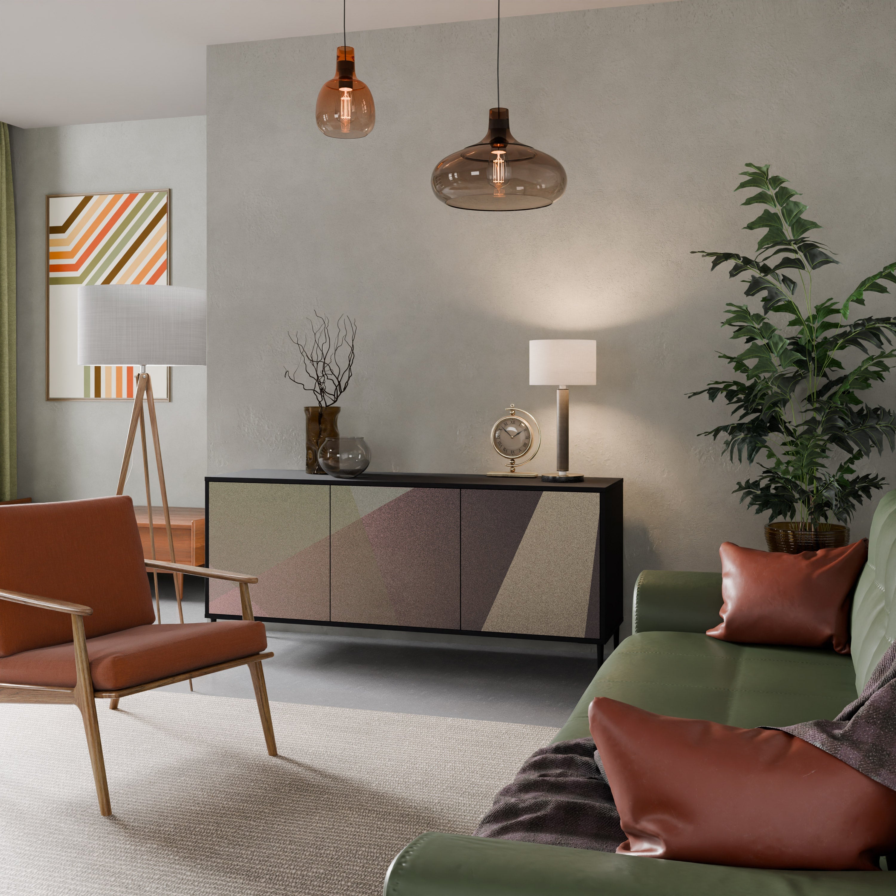 BEIGE GEOMETRY Aparador de 3 Portas em Acabamento Preto