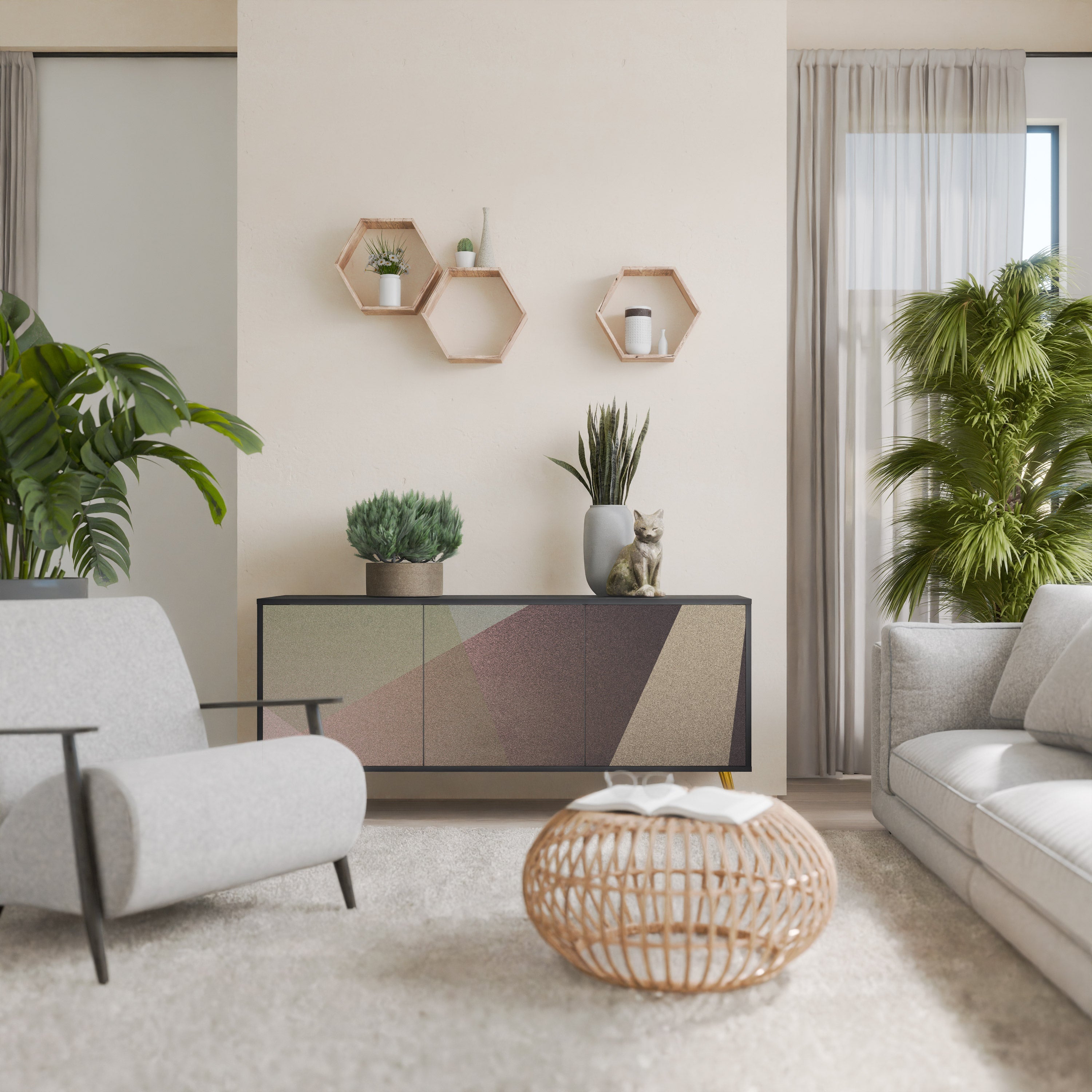 BEIGE GEOMETRY 3-Door Sideboard in Black Finish