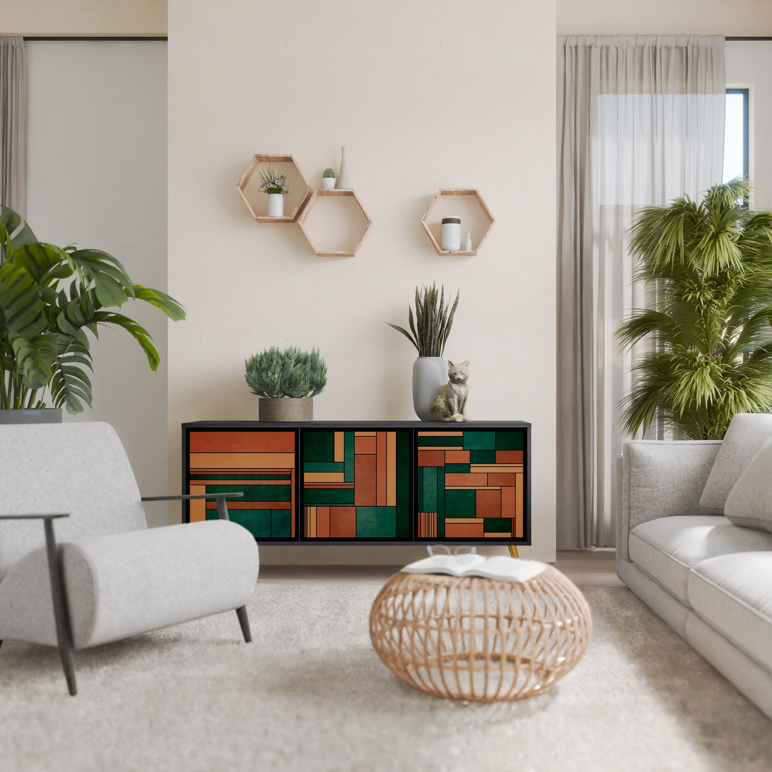 EARTHY FIGURES Aparador de 3 Portas em Acabamento Preto