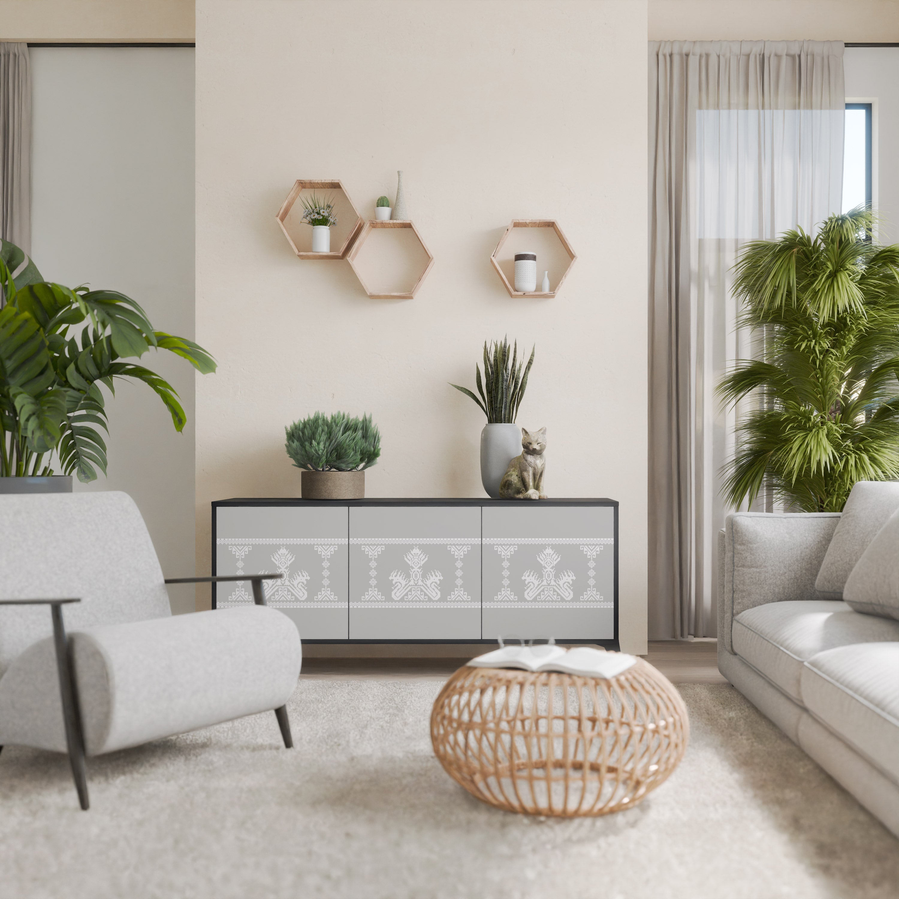 THAI GRAY Aparador de 3 Portas em Acabamento Preto