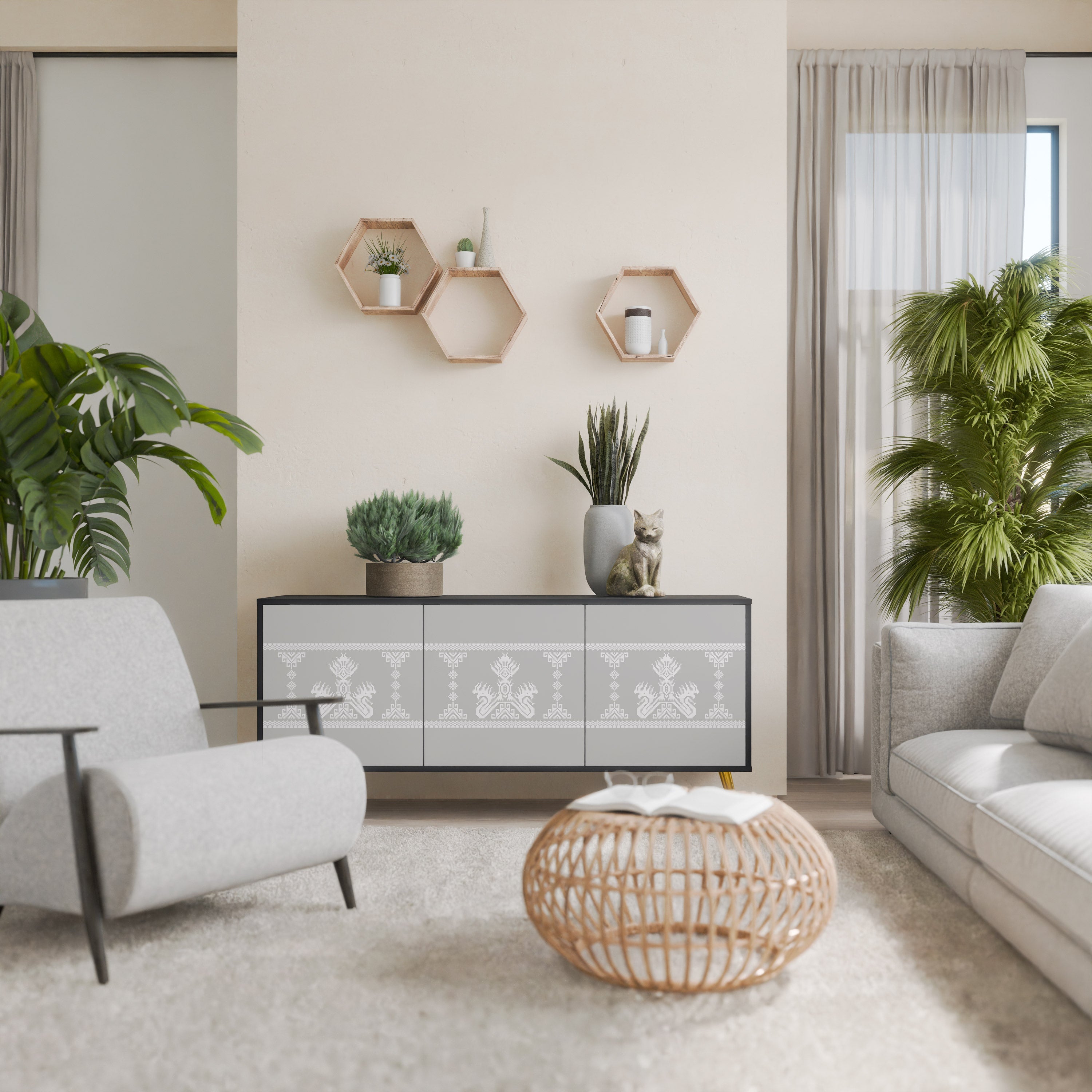 THAI GRAY Aparador de 3 Portas em Acabamento Preto