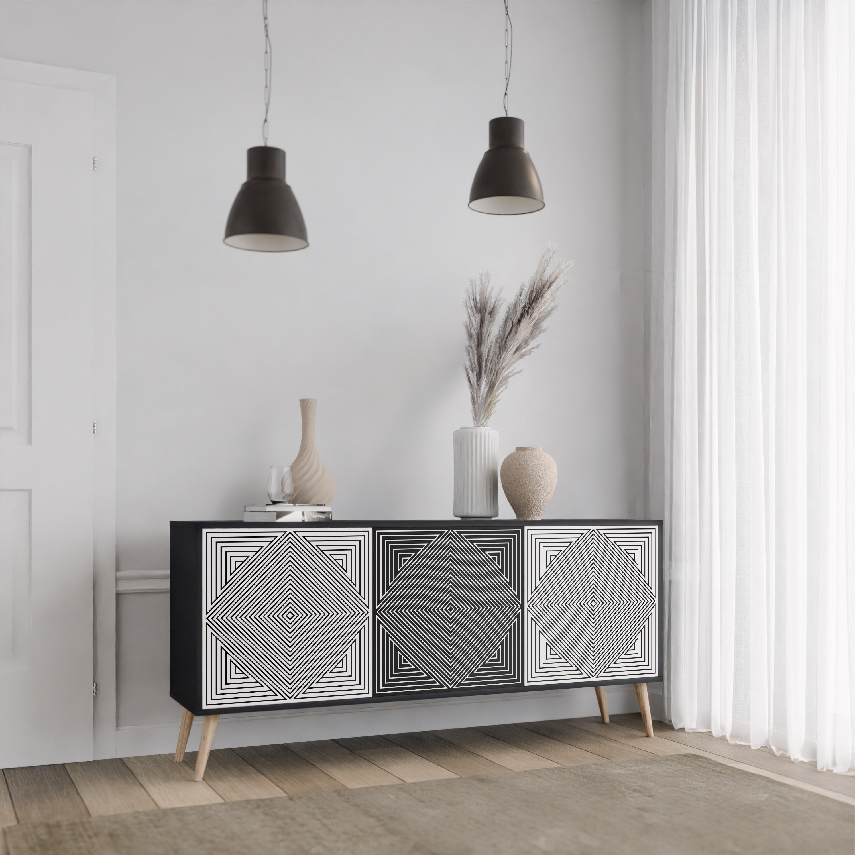 POLYGON ILLUSION Aparador de 3 Portas em Acabamento Preto