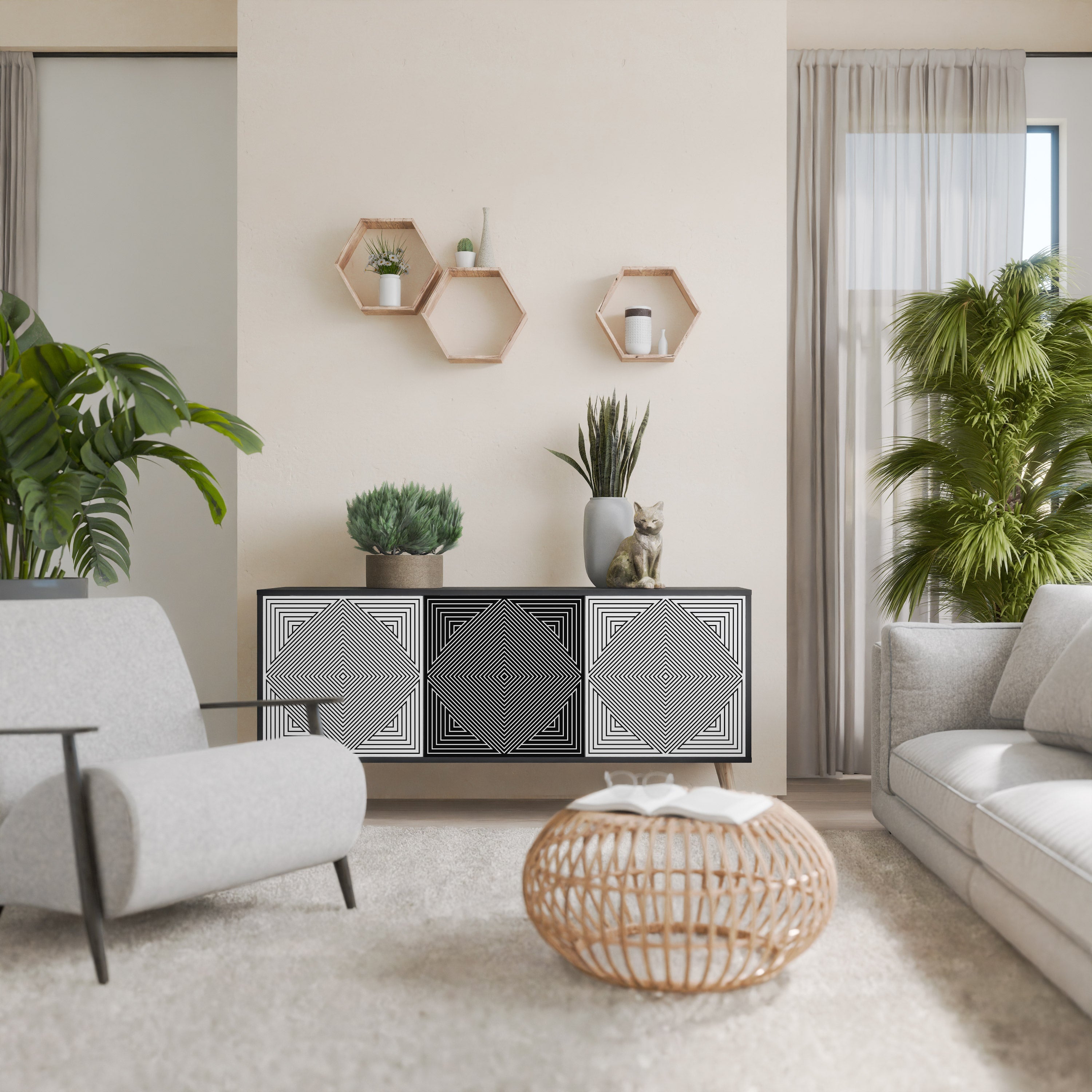 POLYGON ILLUSION Aparador de 3 Portas em Acabamento Preto