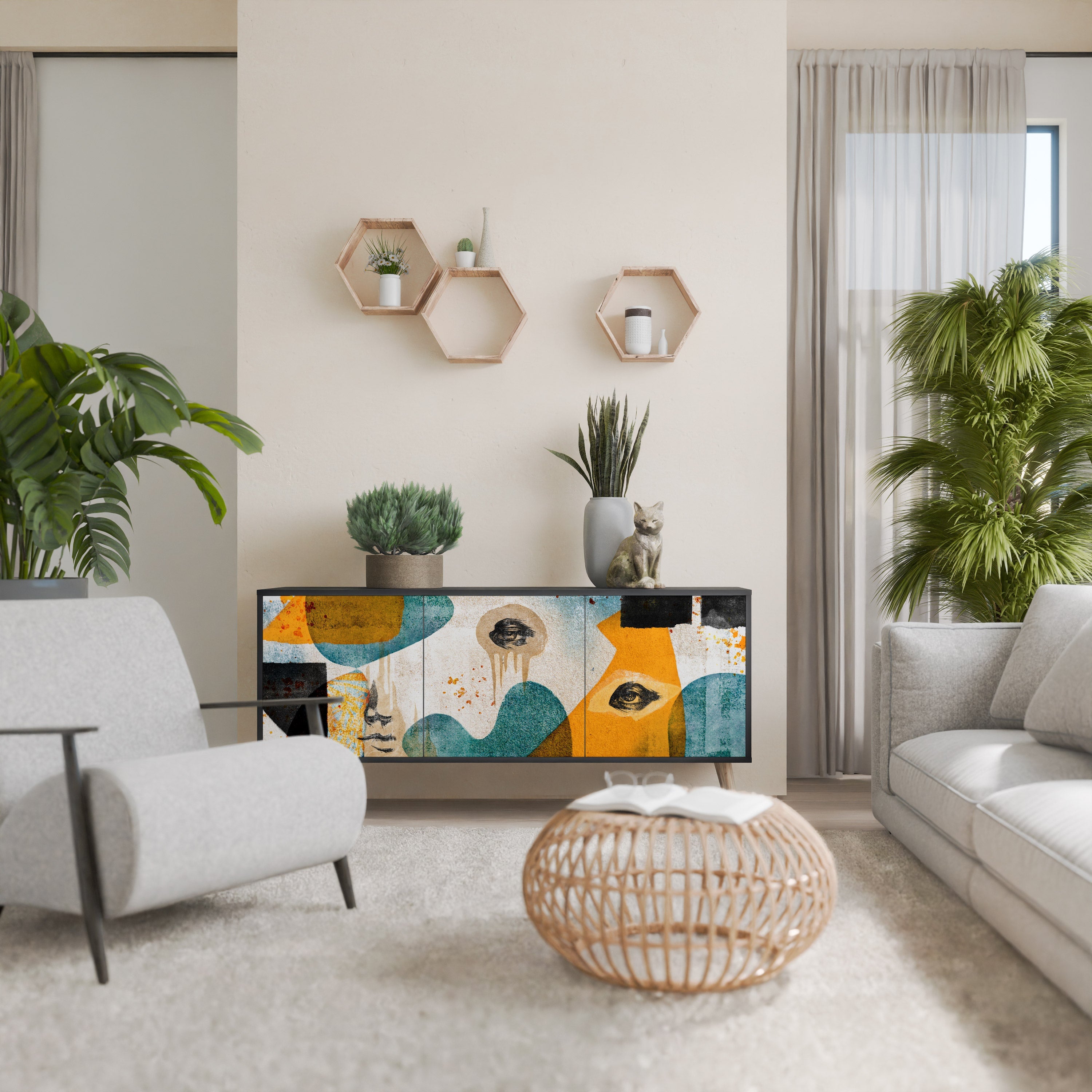 ABSTRACT FACES Aparador de 3 Portas em Acabamento Preto