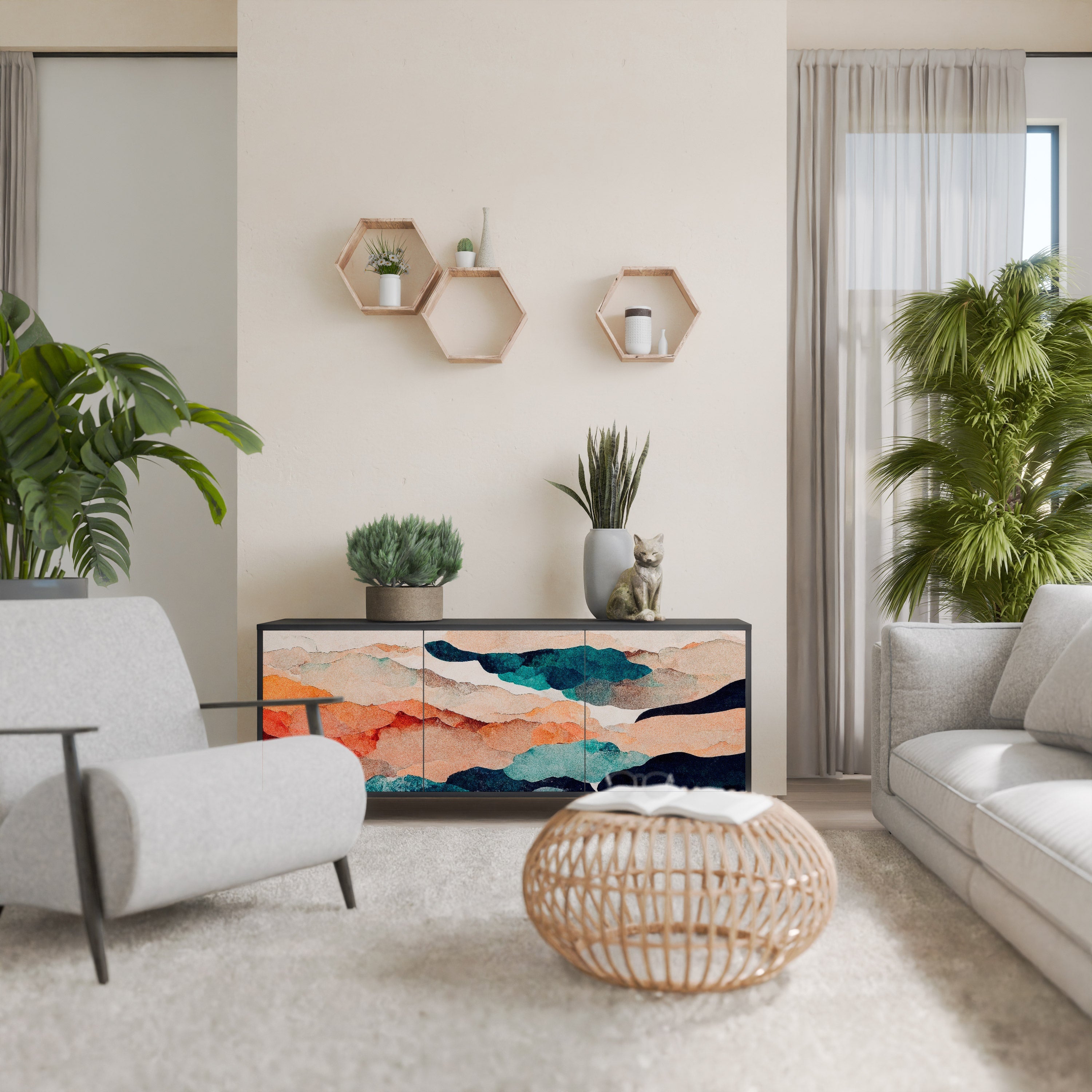 ABSTRACT LANDSCAPE Aparador de 3 Portas em Acabamento Preto