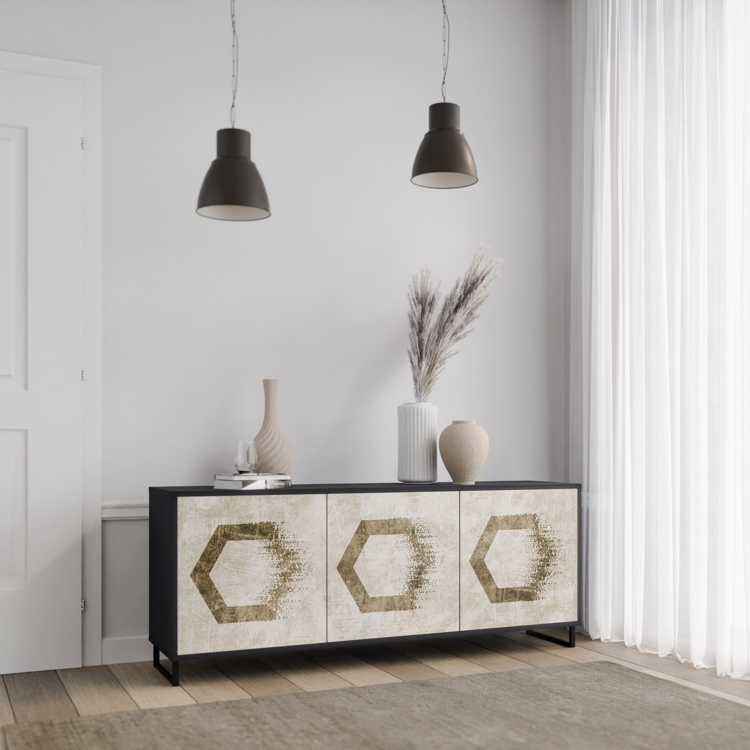 HEXAGONAL SHAPES 3-Door Sideboard in Black Finish