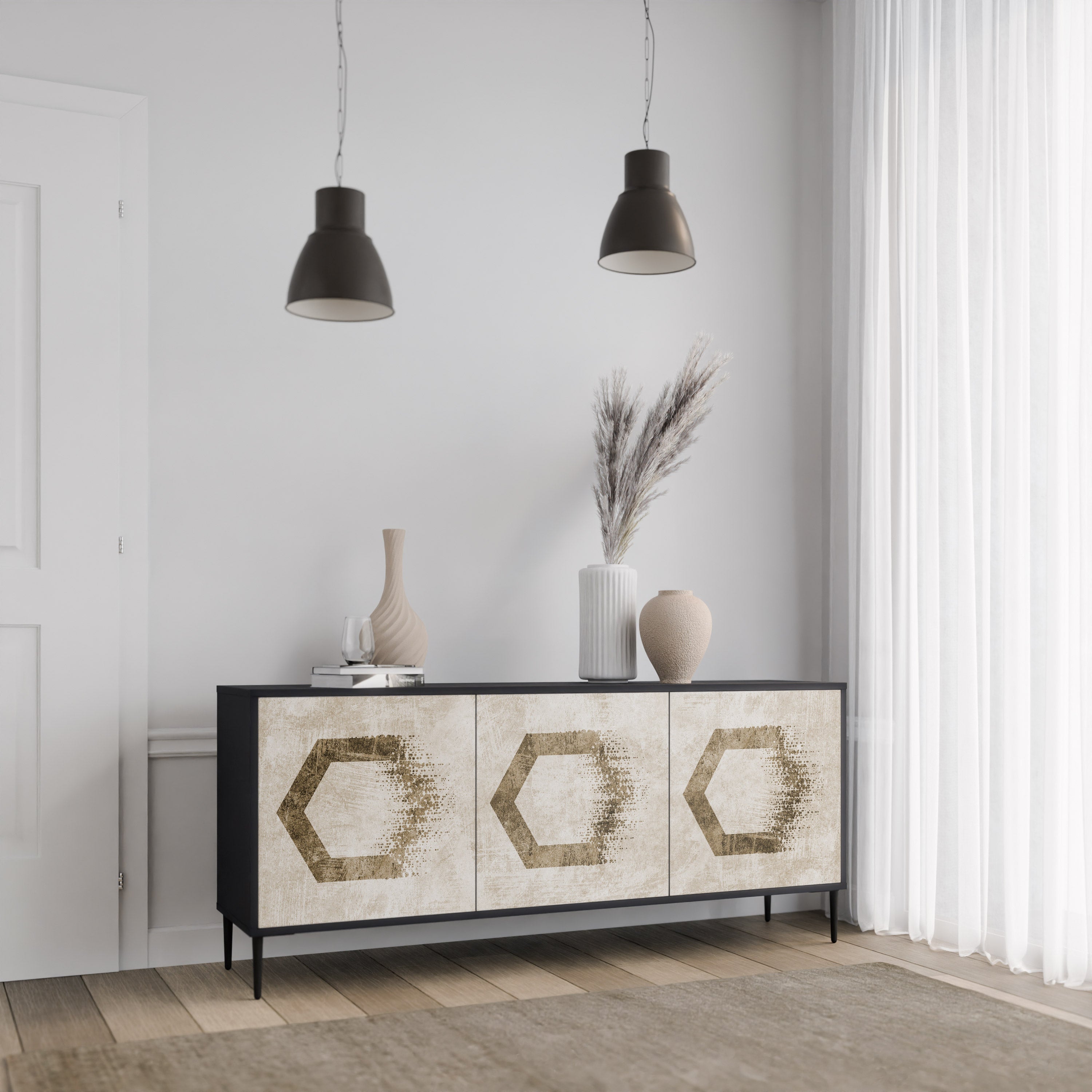 HEXAGONAL SHAPES 3-Door Sideboard in Black Finish